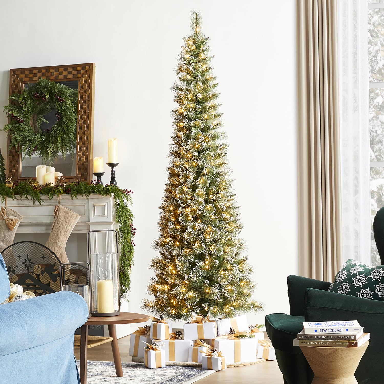 Glitzhome 7.5ft Prelit Christmas Tree, Artificial Christmas Tree, Hinged Pencil Christmas Trees Portland Cashmere Pine with 250