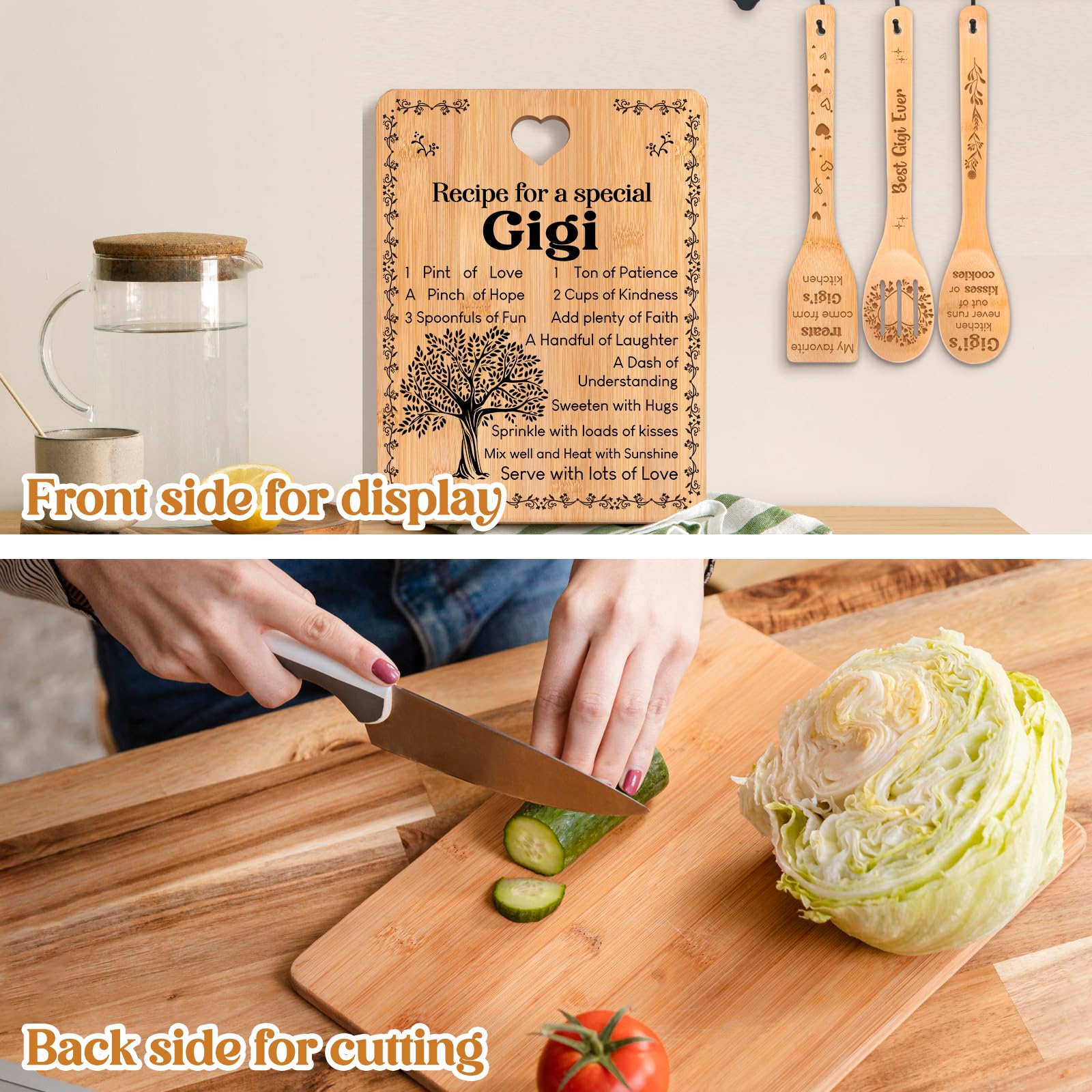 Gigi Gifts -  Recipe for a Special Gigi  Gigi Gifts for Grandma Cutting Board Set, Bamboo-Made Engraved Utensil Set Gifts for Gi