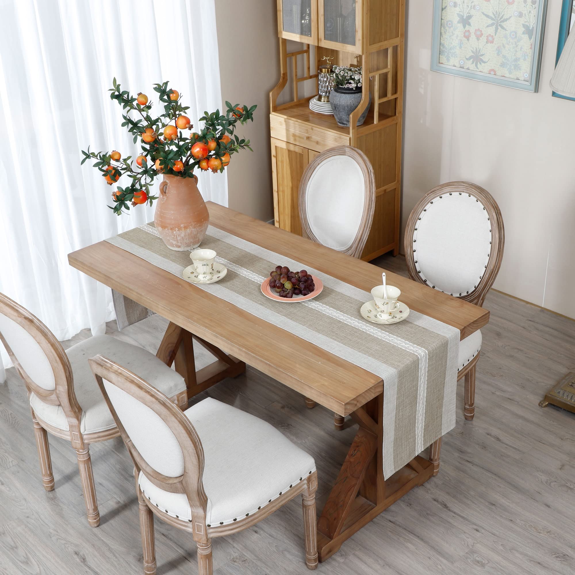 Farmhouse Braided Striped Table Runner Rustic Embroidery Coffee Table Runners For Decorations Weddings Holiday Brown 13X72Inch