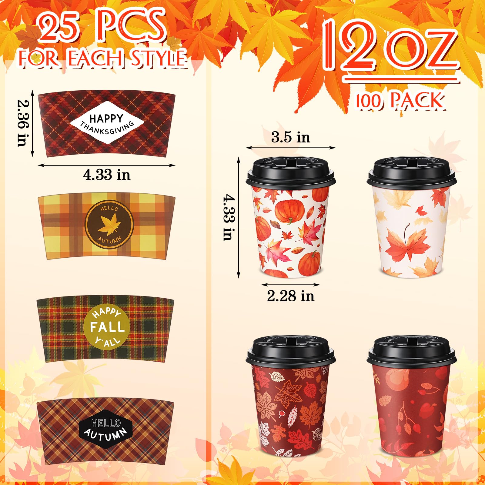 Lallisa 100 Pack 12 oz Fall Disposable Coffee Cups Bulk Thanksgiving Paper Coffee Cups with Lids and Sleeves for Autumn Thanksgi