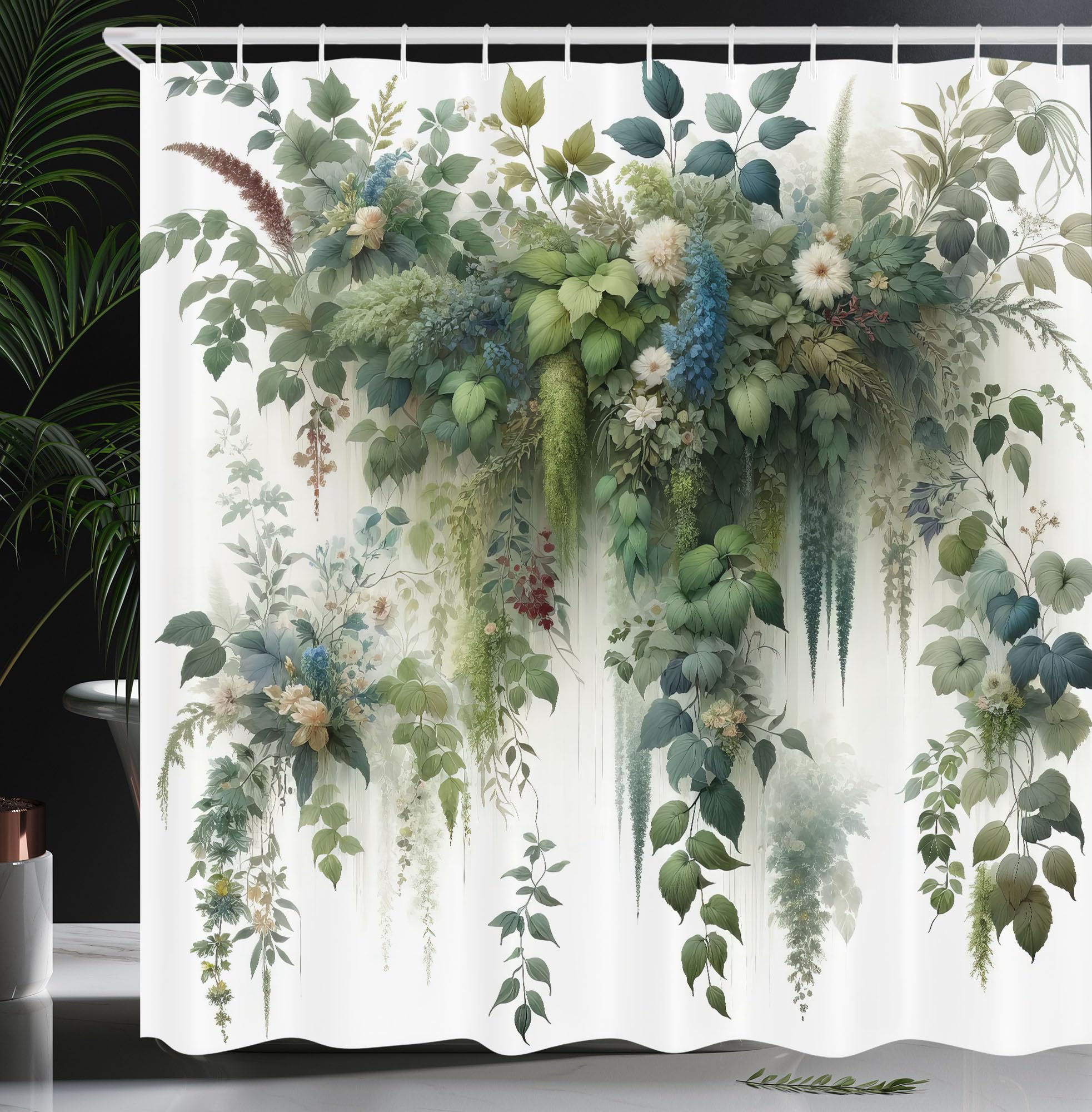 Ambesonne Botanical Shower Curtain, Branches And Leaves Cascading Down Look Motif In Watercolor Style Print, Cloth Fabric Bathro