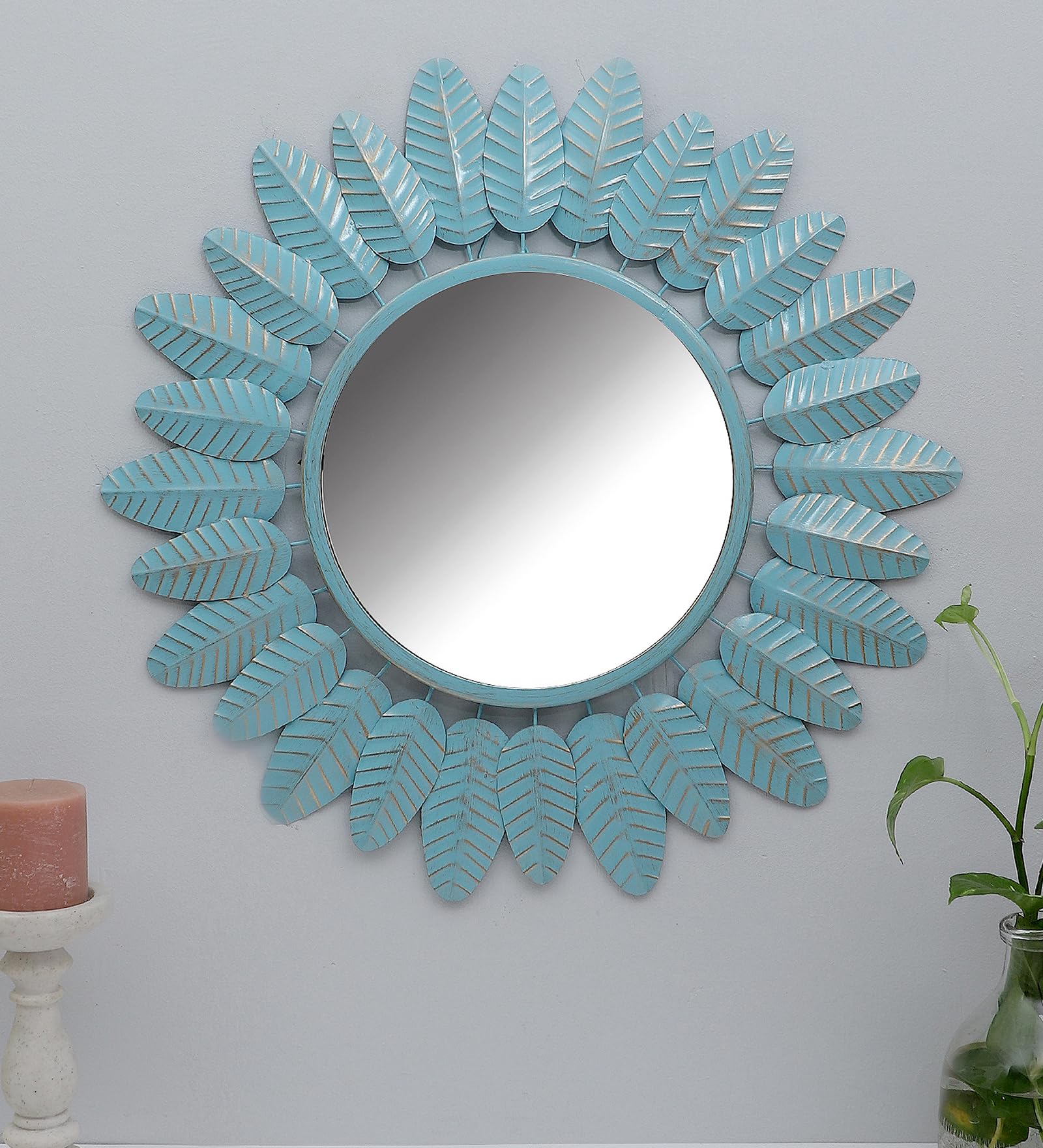 Artemade Decorative Round Iron Wall Mirror - Vintage Flower Leaf Frame, Wall Mounted Hanging Mirror For Living Room & Home Dcor,