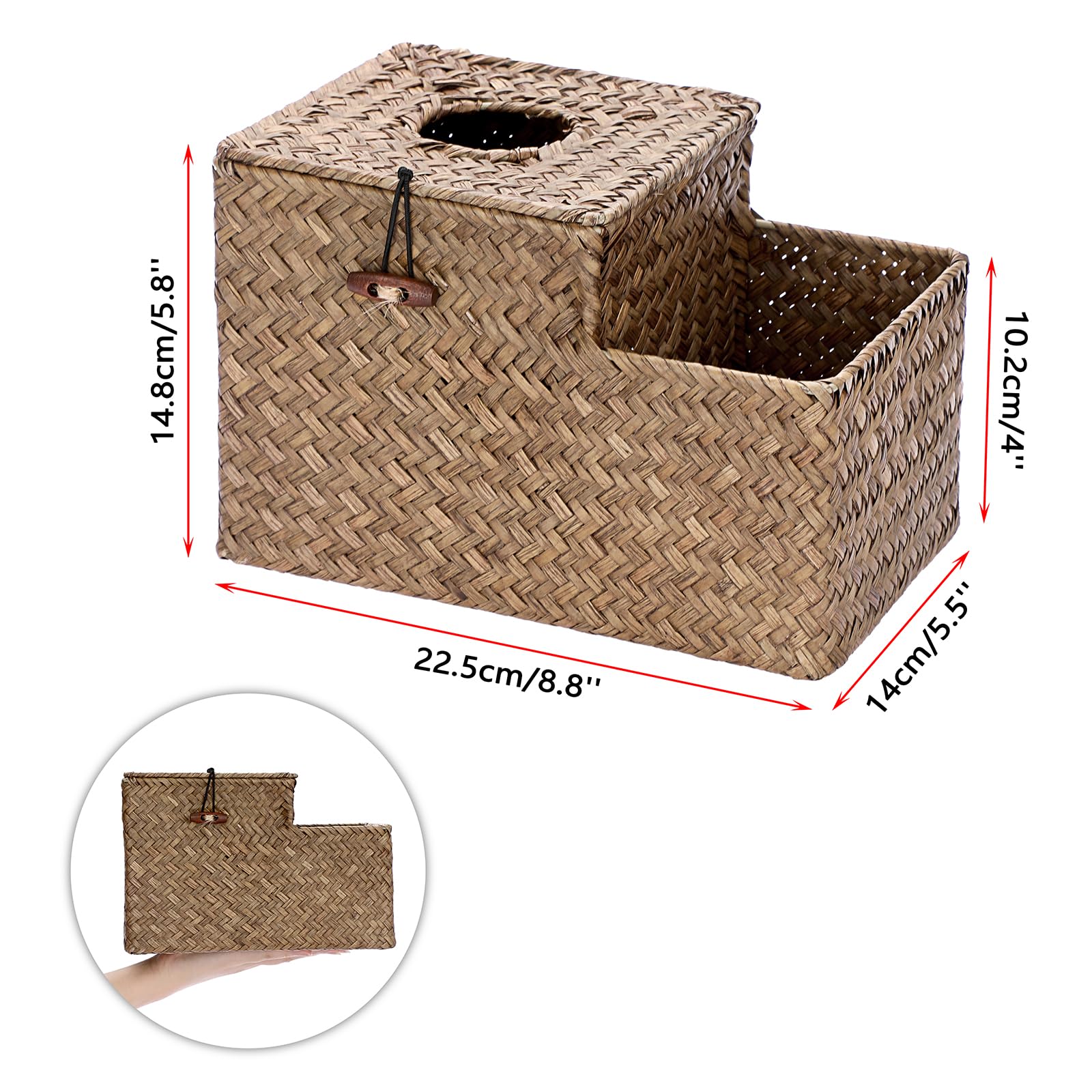 Sumnacon Tissue Box Cover Square Tissue Box Woven Seagrass Tissue Box Holder With Side Organizer, Rustic Tissue Holder For Livin