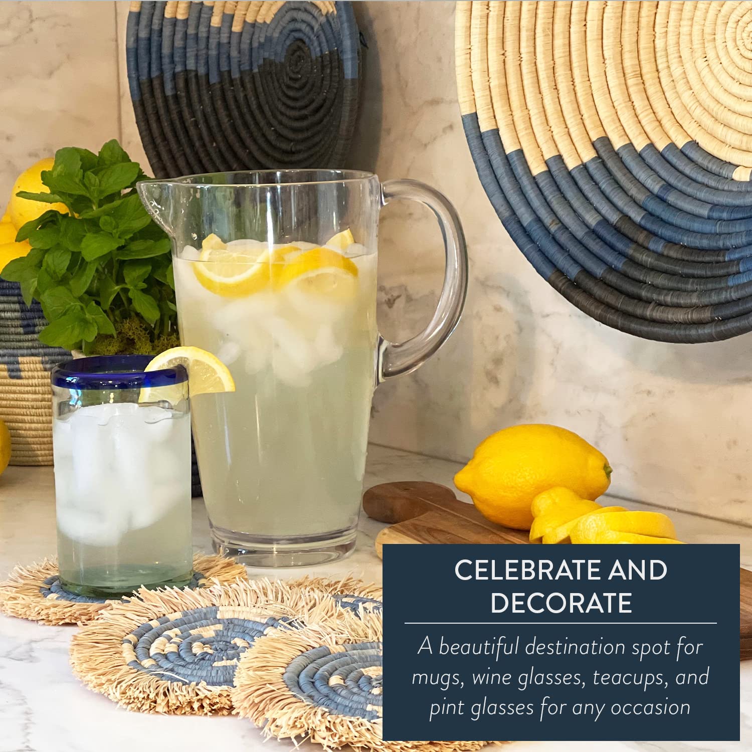 Kazi Coasters For Hot & Cold Drinks - Artisan-Made W/Raffia, Eco-Friendly, Housewarming Gift (Set Of 4, Blue)