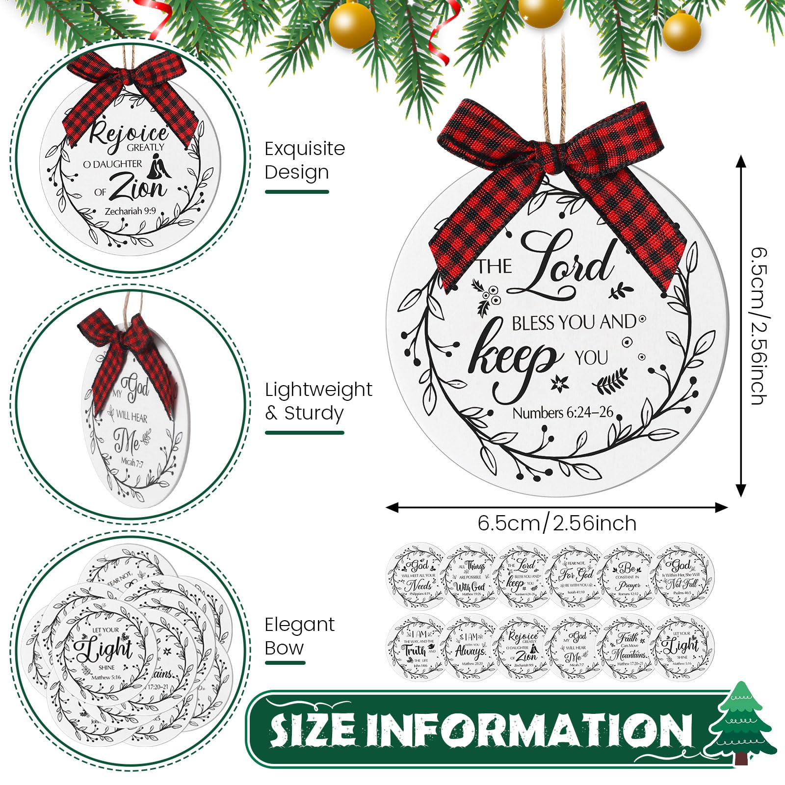 Soaoo 60 Pcs Bible Verses Ornaments Wooden Hanging Sign with Buffalo Plaid Bow and Ropes for Xmas Tree Religious Christian Gifts