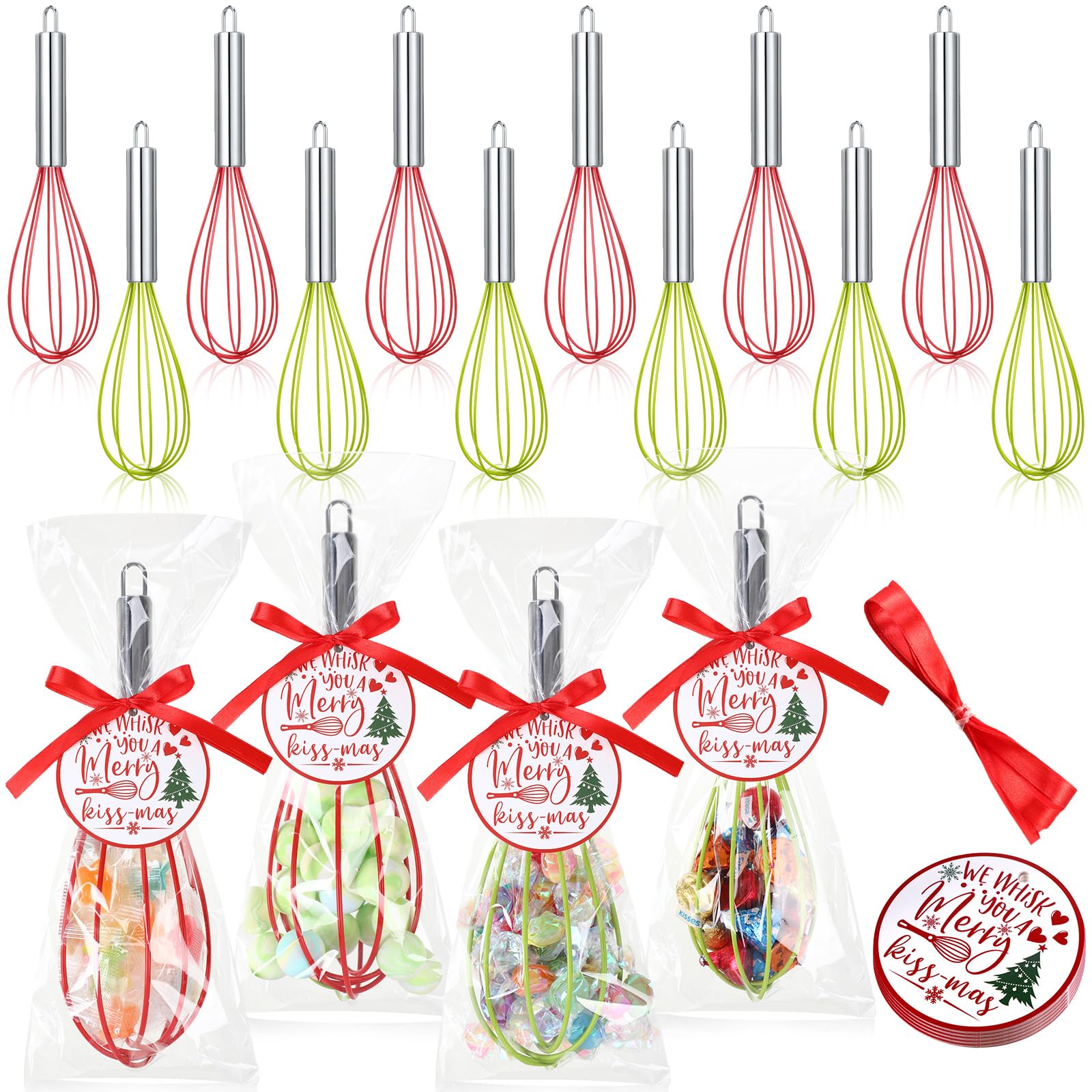 FoldTier 12 Sets 8 Inch Christmas Whisks Gifts DIY Fillable Christmas Tree Ornaments Xmas Colored Silicone Whisks for Cooking He