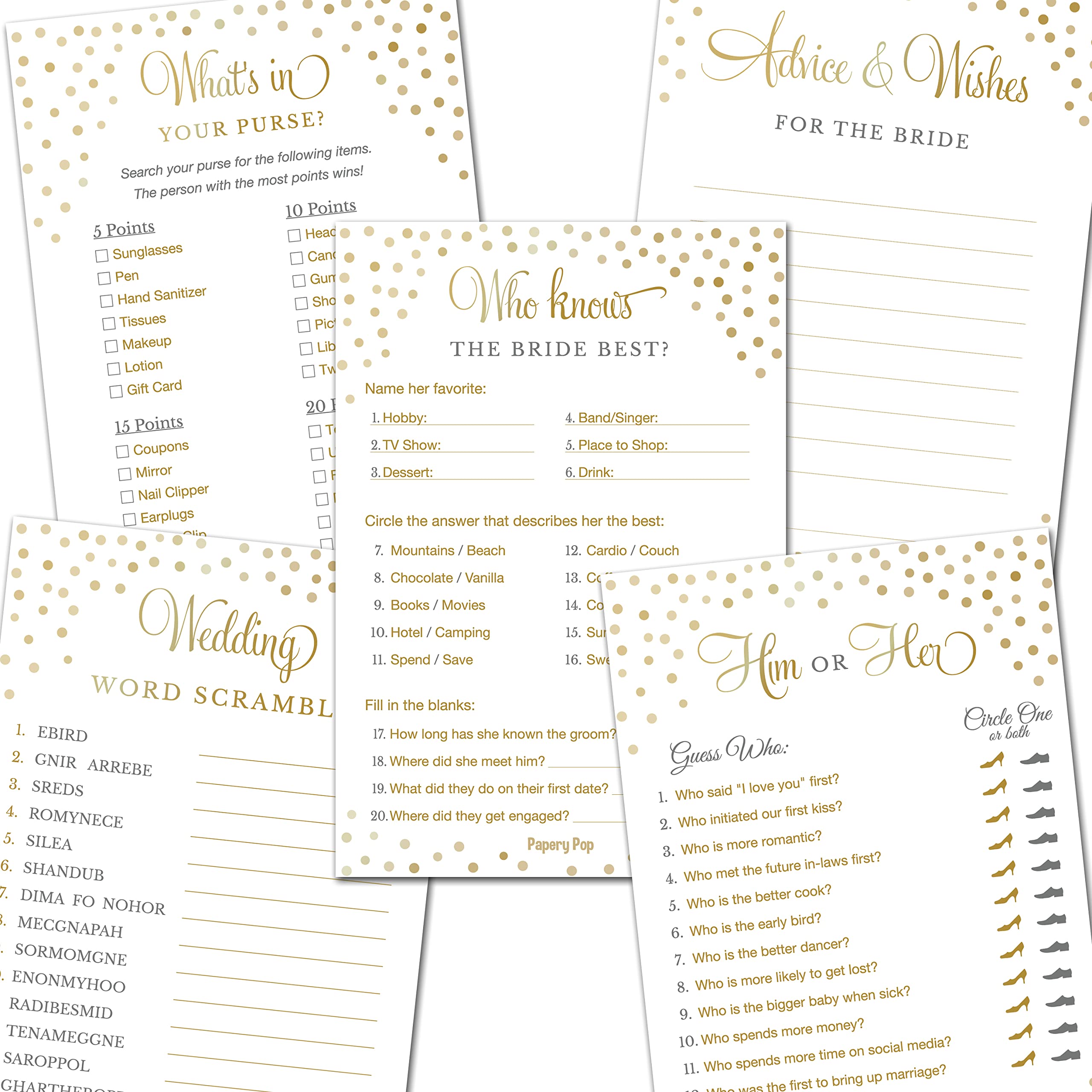 Bridal Shower Games - 5 Activities For 25 Guests - Double Sided Games - Gold Polka Dots
