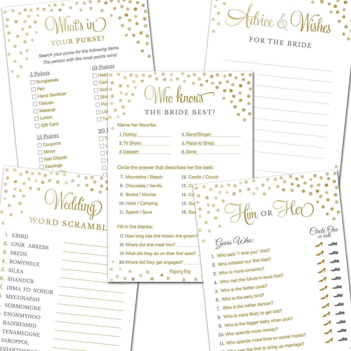 Bridal Shower Games - 5 Activities For 25 Guests - Double Sided Games - Gold Polka Dots