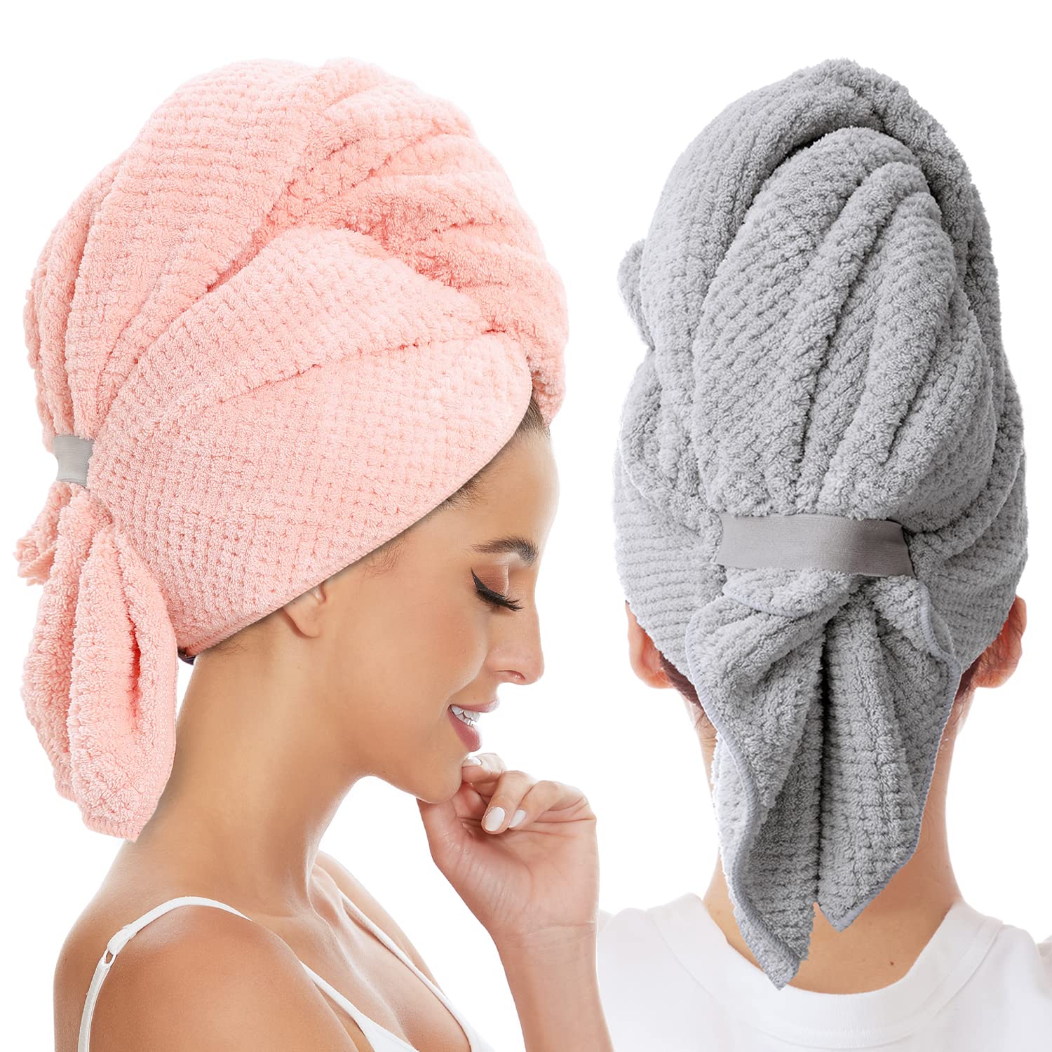 BYCOO 2 Pack Large Microfiber Hair Towel Wrap for Women, Anti Frizz Hair Drying Towel, Fast Dry Hair Turban for Wet Hair, Long,