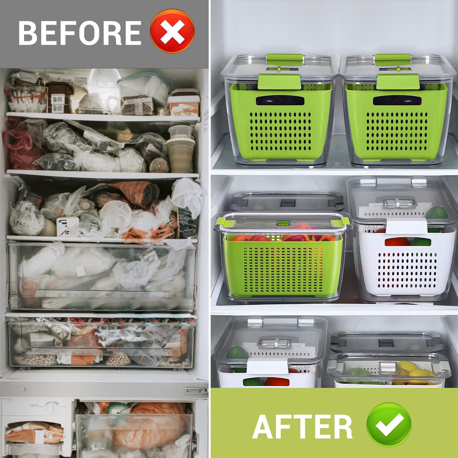 Luxear Fruit Vegetable Storage Container, 4 Pack Fresh Containers For Fridge With Lids Bpa-Free Produce Refrigerator Organizer F