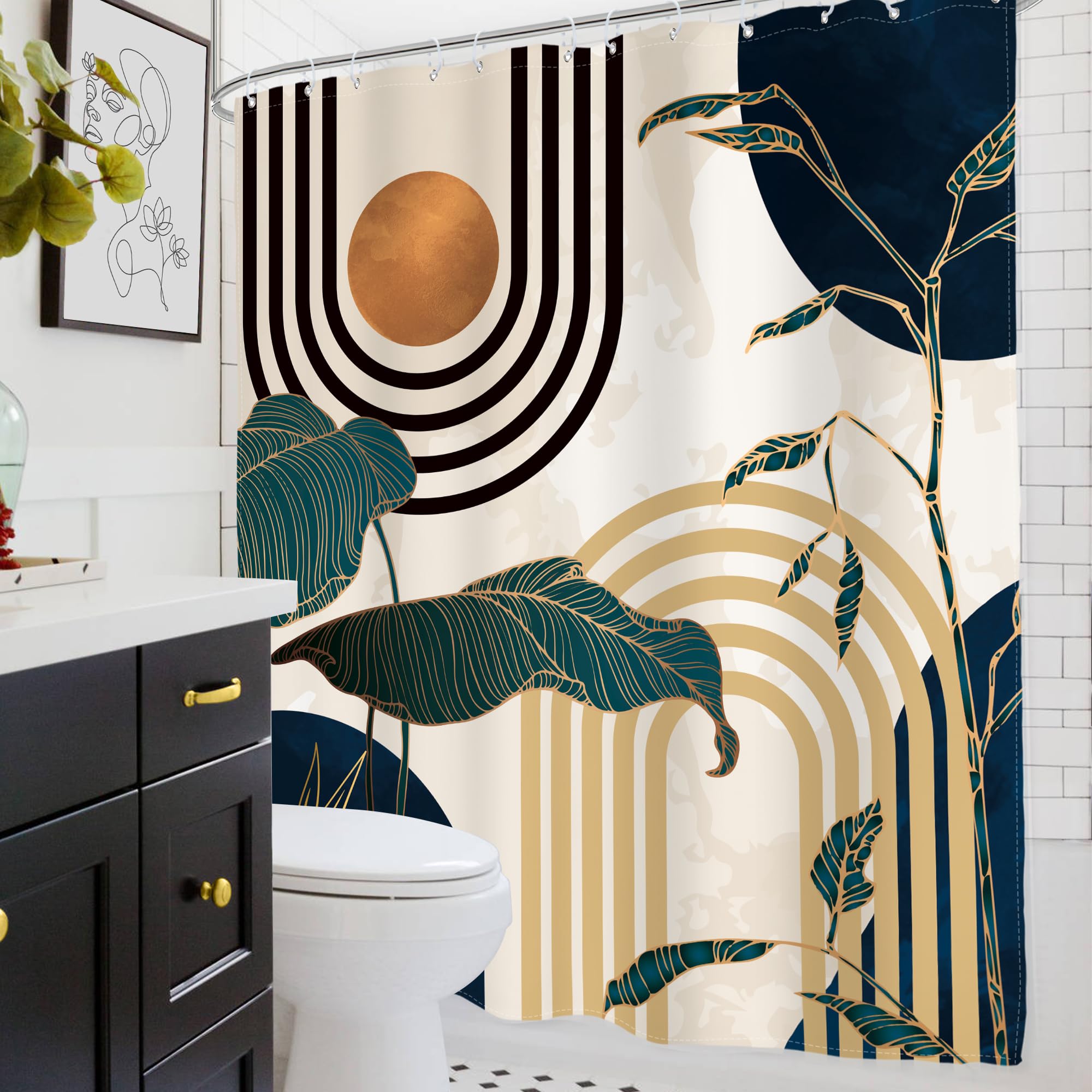 Glawry Blue Abstract Mid Century Shower Curtain Extra Long Boho Retro Tropical Palm Tree Modern Sun Arch Bathroom Aesthetic Geom