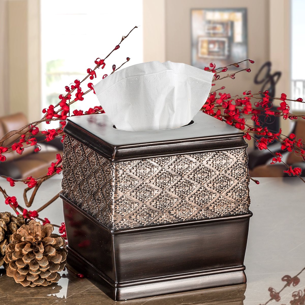 Creative Scents Brown Tissue Box Cover Square - Decorative Tissue Holder For Bathroom - Beautiful Brown Tissue Box Holder For El