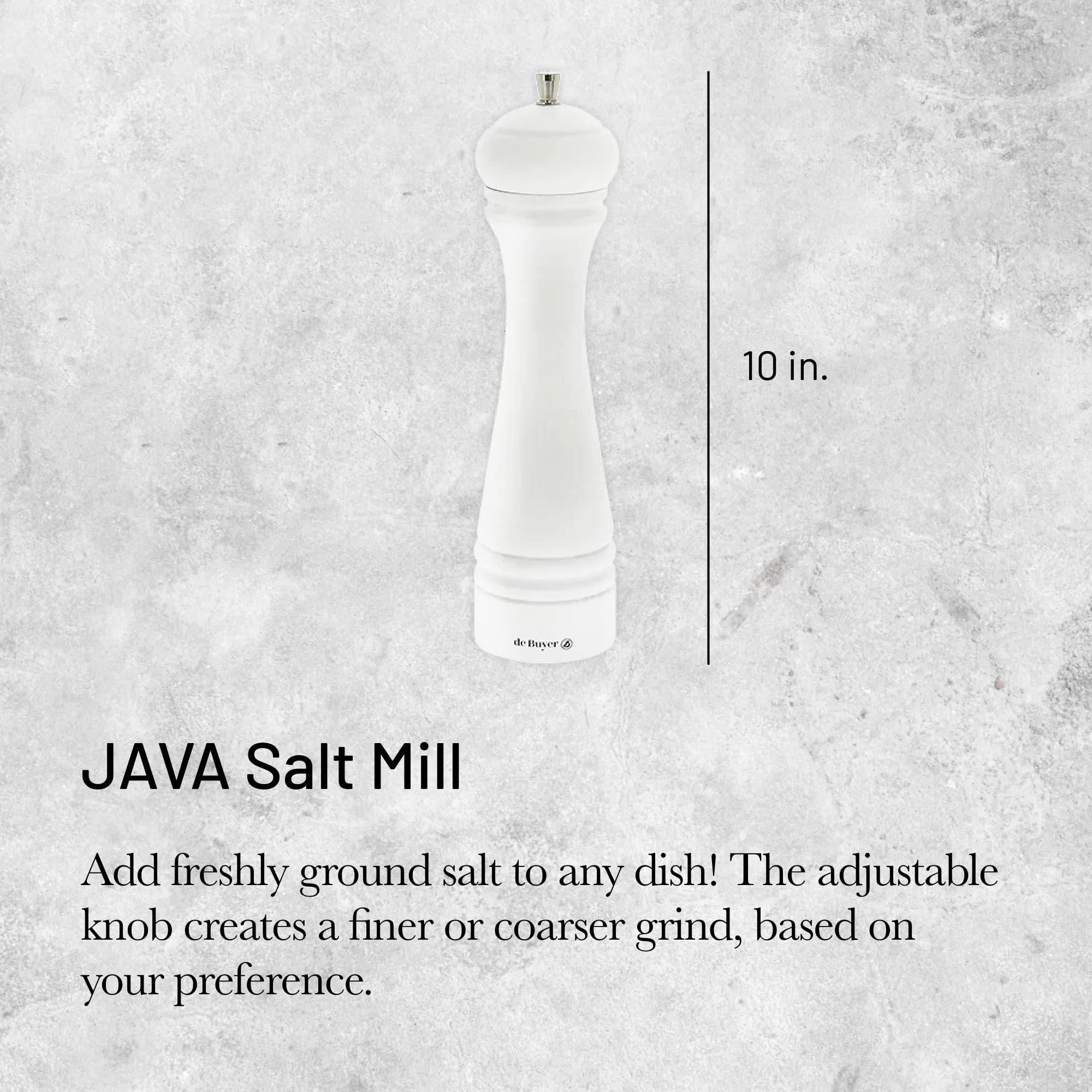 De Buyer Java Salt Mill, Matte White - 10    - Stainless Steel & Beechwood - Includes Knob To Adjust Grind Size - Corrosion Resi