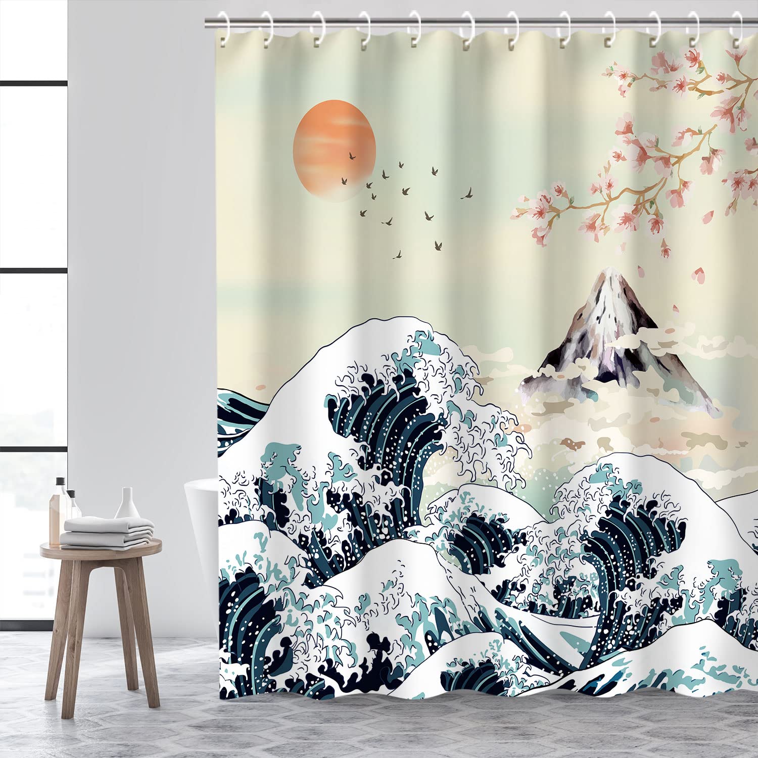 Rosielily Japanese Shower Curtain, Wave Shower Curtain Cool Shower Curtain Art Shower Curtain Hooks, Anime Mountain Sunset Showe