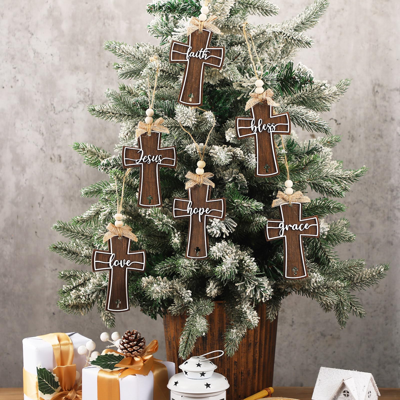 Vercraft 24 Pcs Christmas Wooden Cross Ornaments for Tree Christian Religious Cross Church Hanging Ornaments Decorations Bulk Fa