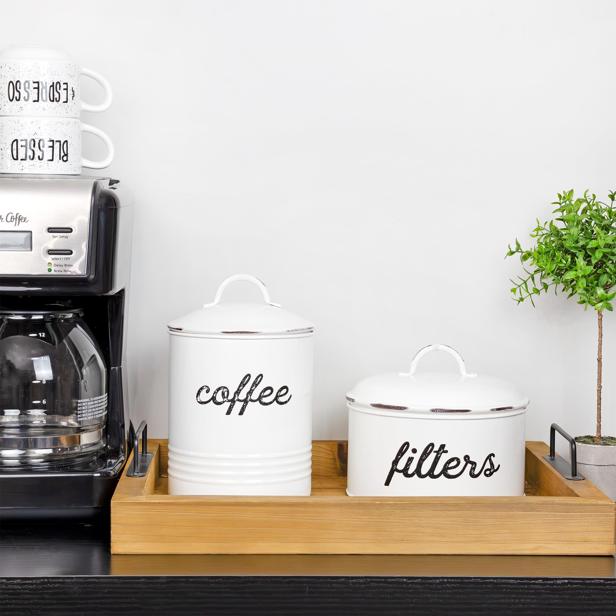 AuldHome Basket Coffee Filter Holder  White Enamel Filter Storage Container in Rustic Farmhouse Distressed Enamelware Design