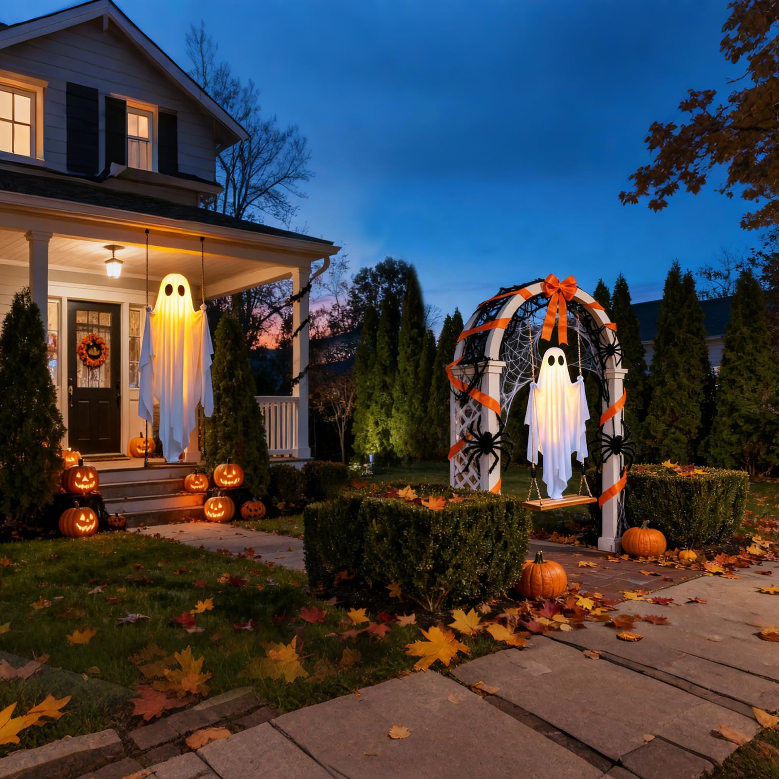 Halloween Decorations Outdoor - 5 Ft Large Hanging Swing Ghost Halloween Decor with String Lights - 3D Lighted Bat Spooky Cute G