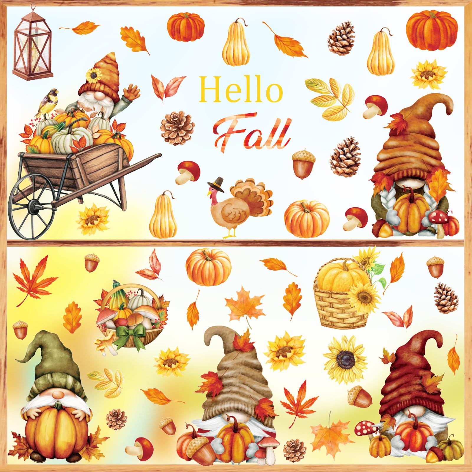 Aurlan Hello Fall Gnomes Window Clings,Thanksgiving Window Clings,Autumn Pumpkin Wall Stickers,Maple Leaves Wall Decals,Fall Lea