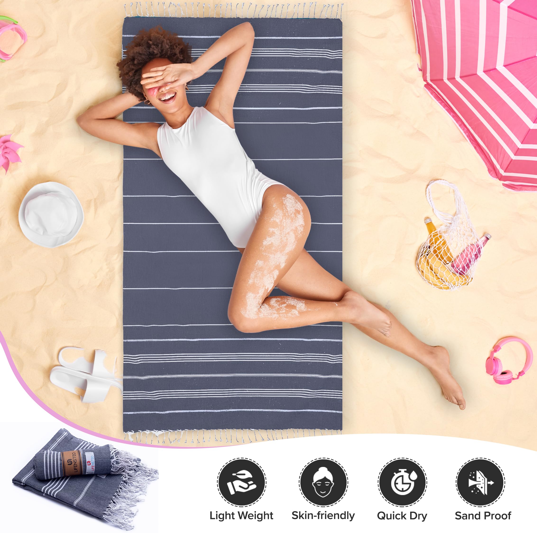 Lifensteo Turkish Beach Towel - 40X71 Niches Oversized Sand Resistant Prewashed Turkish Towel - 100% Turkish Cotton Quick Drying