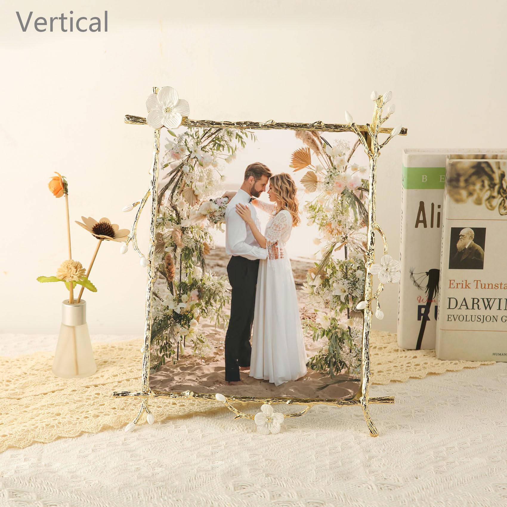 Goutangen 8x10 Gold Picture Frame Decor Ornate White Floral Photo Frames with High Definition Glass Front, Art Decor Tabletop Di