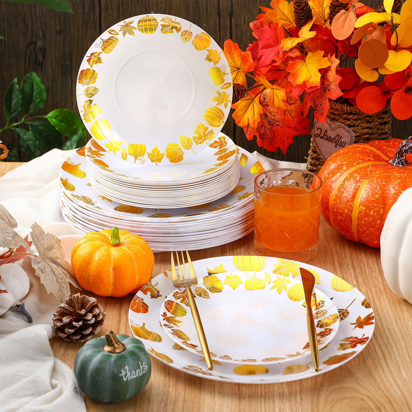 Suclain 60 Pcs Thanksgiving Party Disposable Plastic Plates Gold Fall Bridal Baby Shower Party Decoration Serves as 30 10.25 D