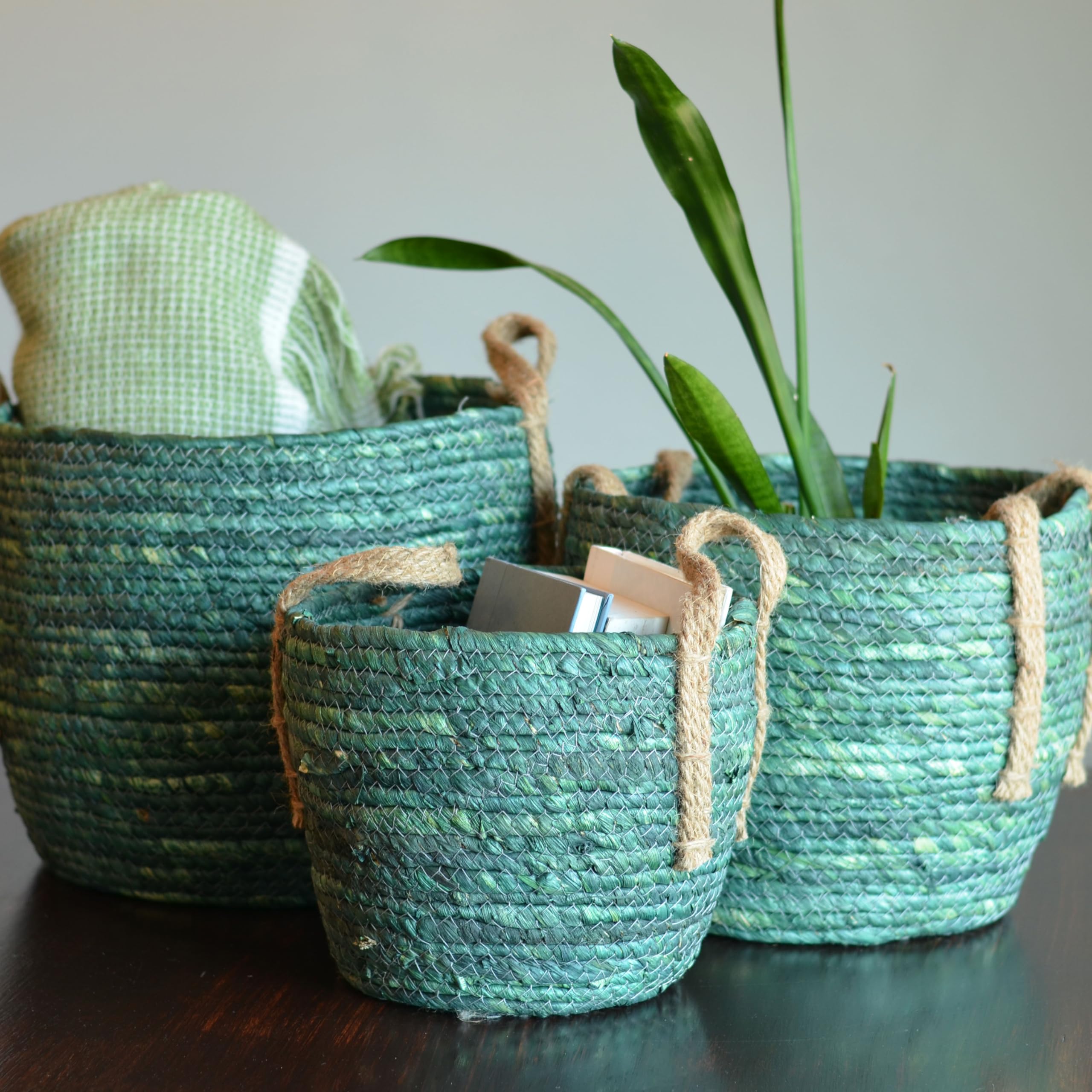 Farmers 3 Piece Basket Set, Green Dye Soaked Floor And Shelf Organizers, Corn Husk Wicker, Durable Chunky Rope Weave, Handles, S