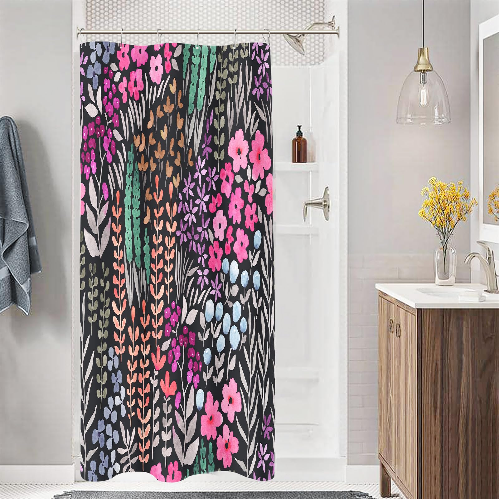 Mayzus Small Stall Shower Curtain 36 X 72 Inch, Half Narrow Cute Floral Shower Curtain For Bathroom, Black Hot Pink Wildflower B