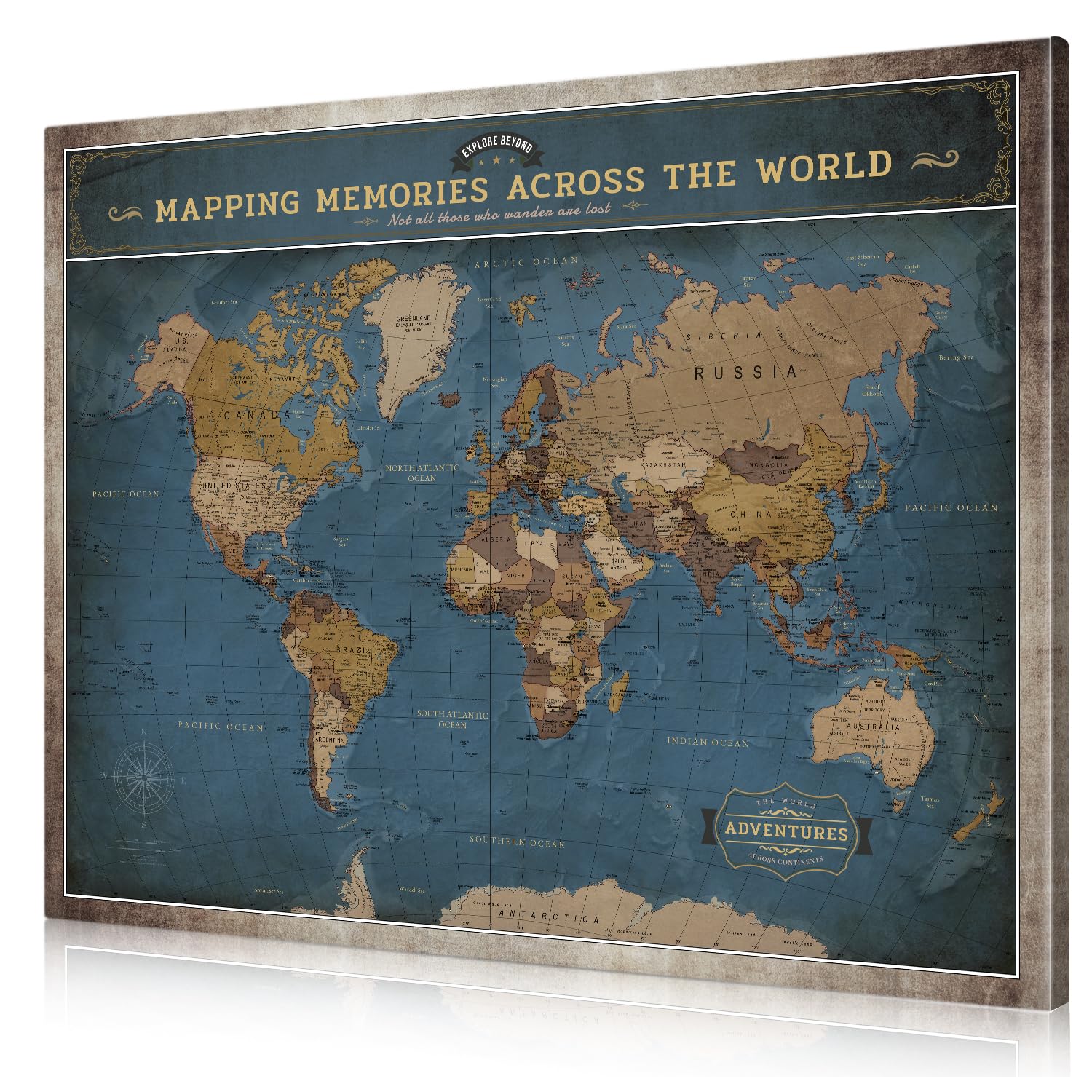 DECORARTS - Modern Navy Blue World Map Canvas Wall Art, World Maps for Wall Decor, Hand-Stretched Giclee Print, Living Room Dini