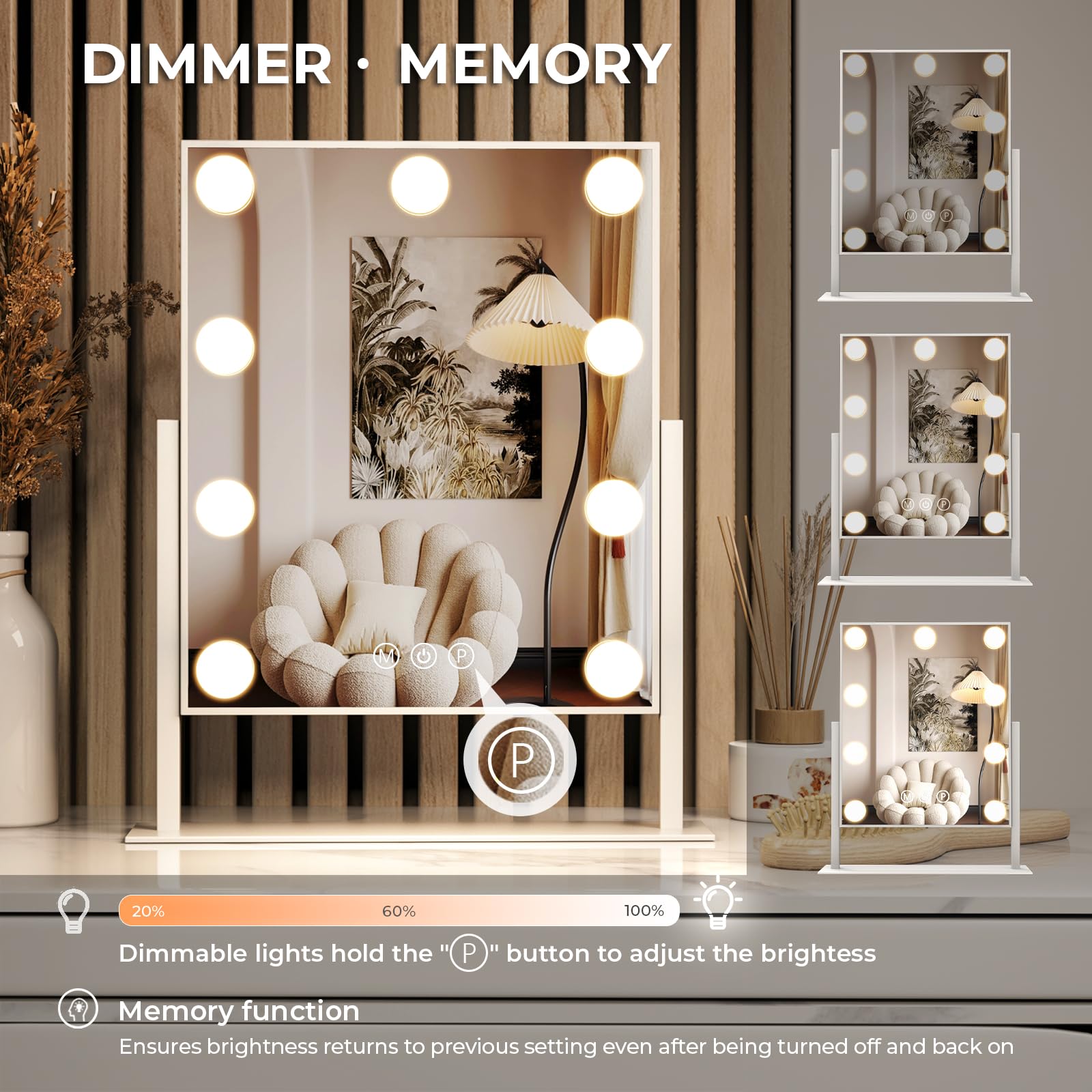 ZL ZELing Vanity Mirror with Lights Tabletop Makeup Mirror with 9 LED Lights Smart Touch Control 3 Colors Light 360Rotation