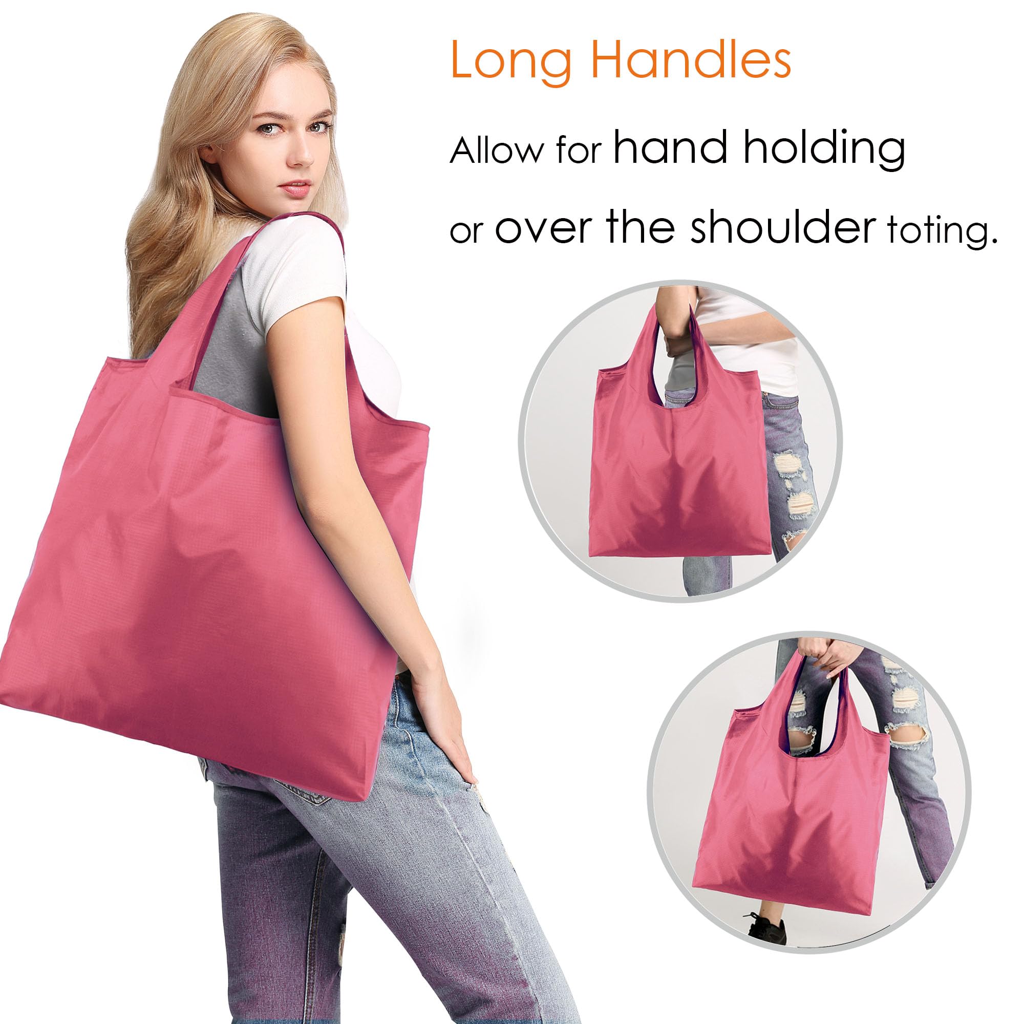 BeeGreen Pink Reusable Grocery Bags with Elastic Band Pink Reusable Shopping Bags Bulk 50LBS X-Large Foldable-Machine Washable-H