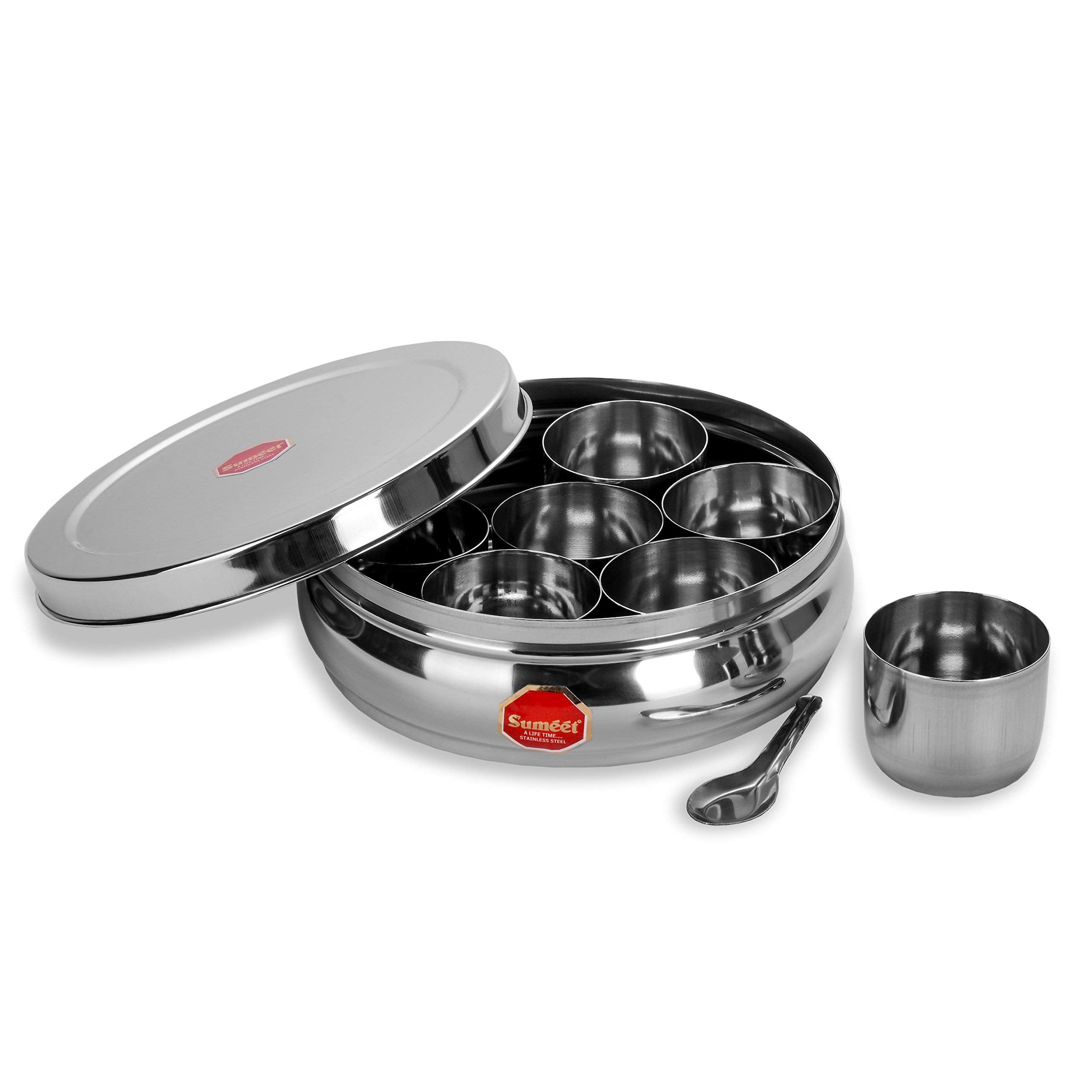 Sumeet Stainless Steel Belly Shape Masala (Spice) Boxdabbaorganiser With 7 Containers And Small Spoon Size No. 12 (20.5Cm Dia) (
