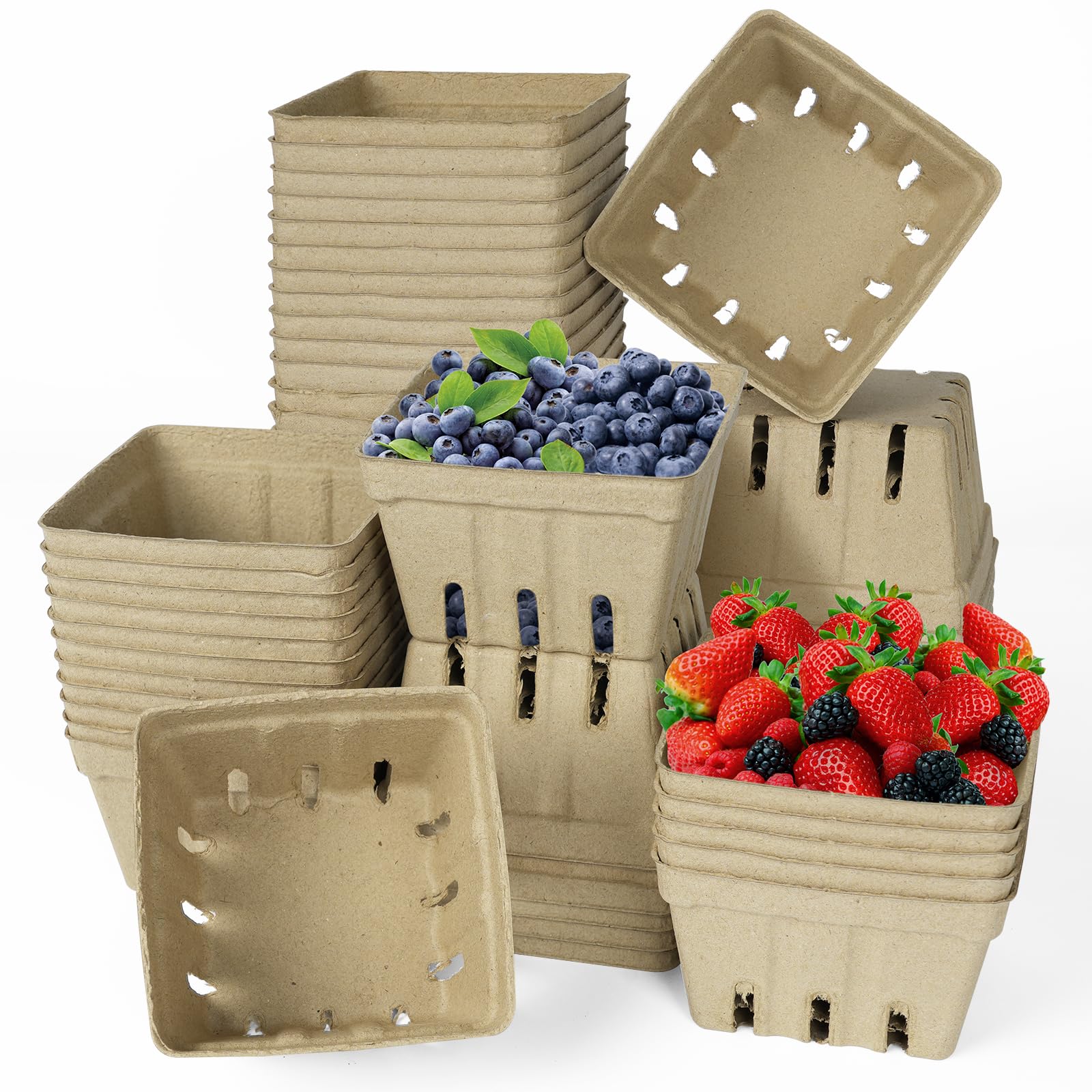 LOUHUA 60 Pcs Natural Pulp Fiber Berry Basket, Small Molded Produce Basket for Strawberry, Blueberry, Raspberry, Vegetable Displ