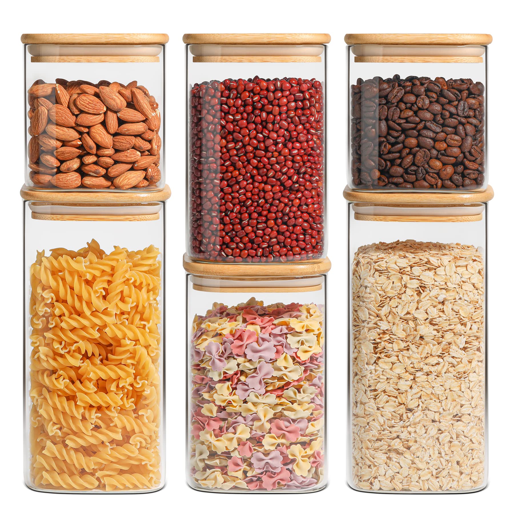 Comsaf Airtight Glass Storage Canister With Bamboo Lid (24Oz/37Oz/51Oz) Set Of 6, Clear Food Storage Container Kitchen Pantry St