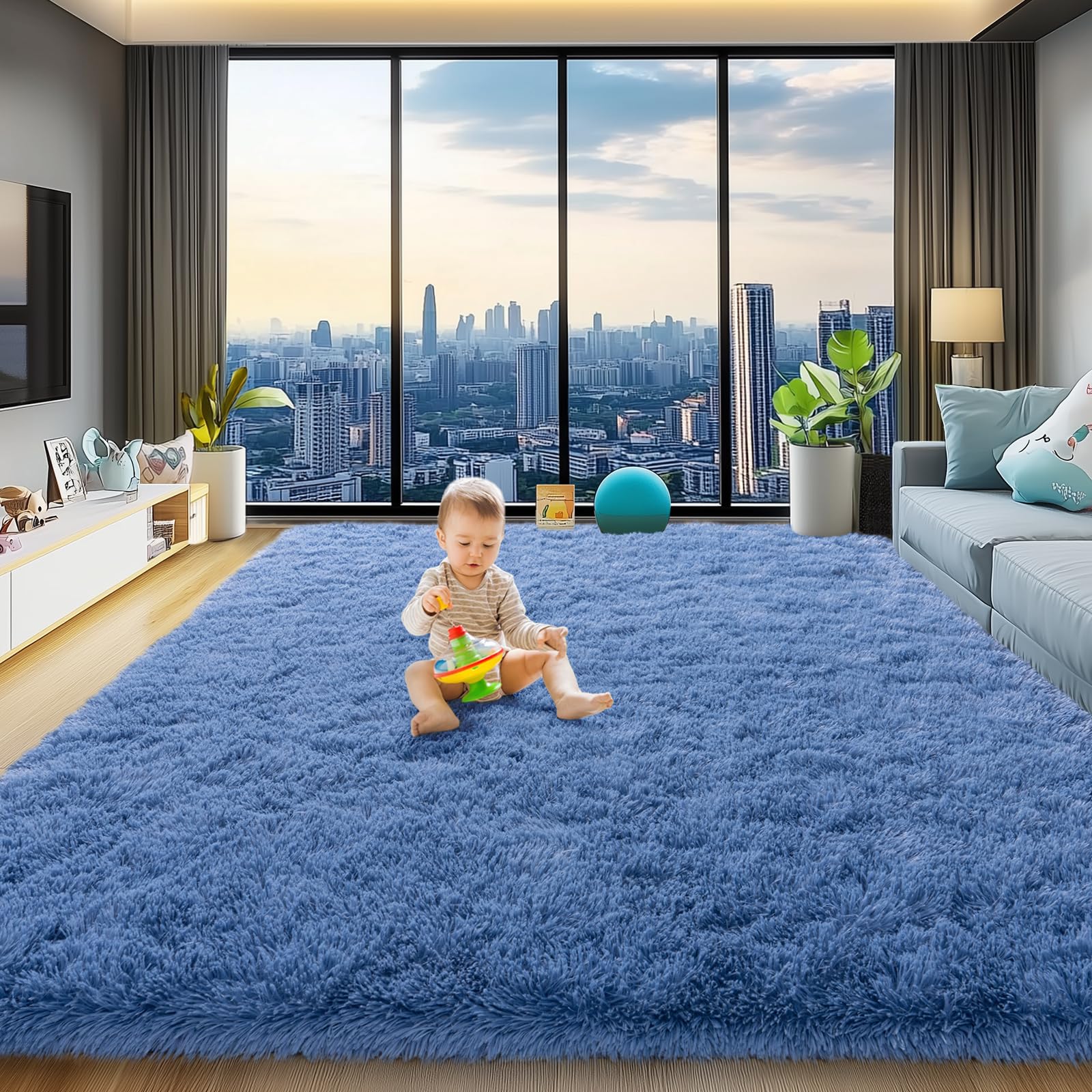 qulint Blue Rug for Living Room 8x10, Plush Fluffy Bedroom Rug 8x10 Soft Shag Large Carpet for Living Room, Shaggy Fuzzy Modern 