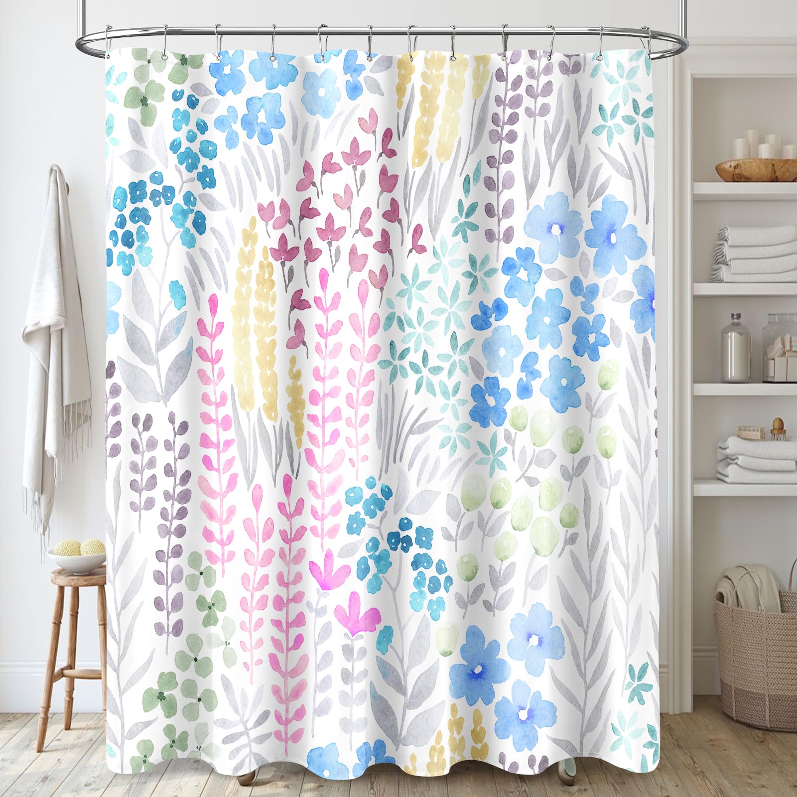 Mayzus Blue Floral Shower Curtain, Pink Yellow Boho Flower Fabric Shower Curtain, Cute Funky Watercolor Wildflower Shower Curtai