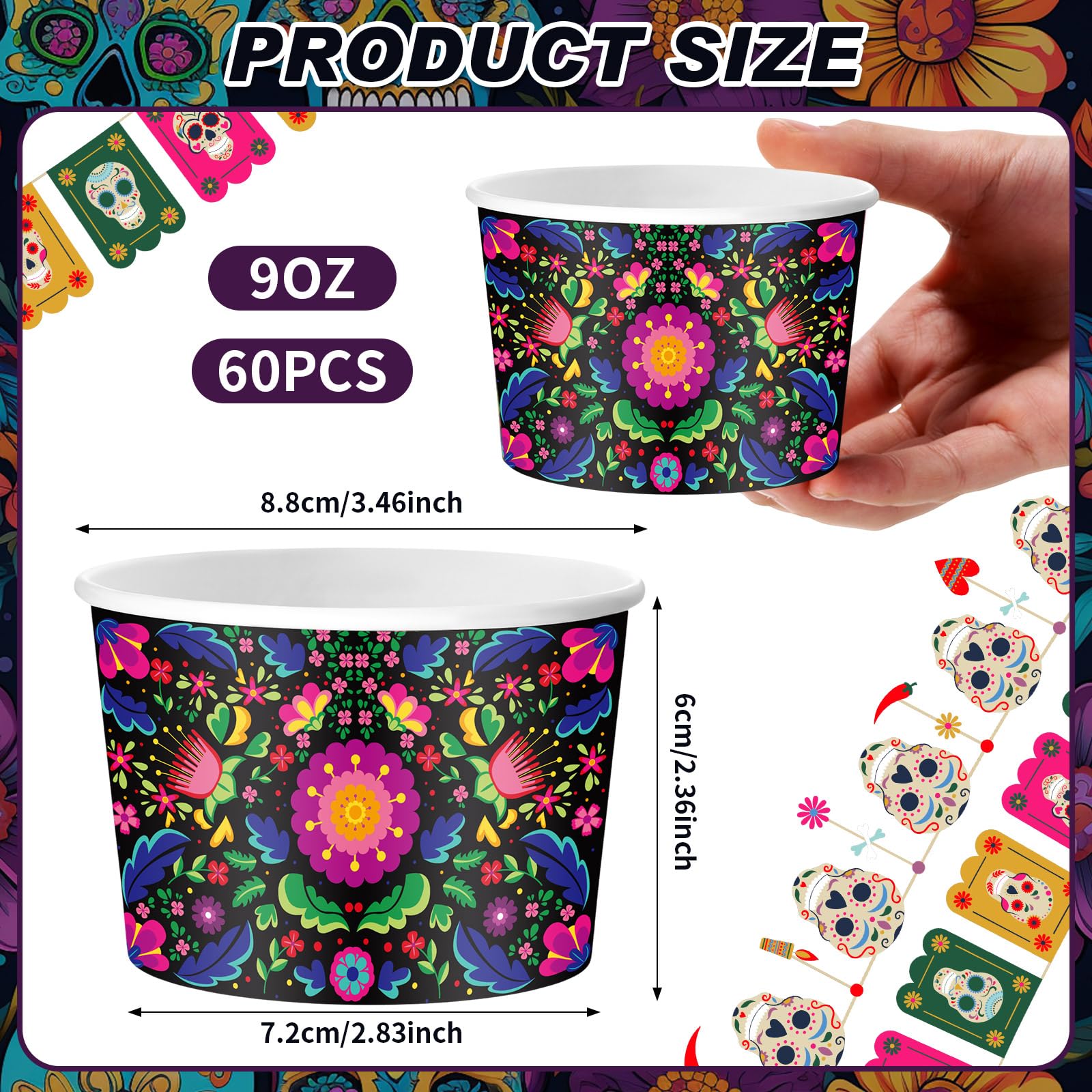 Zhehao 60 Pcs Mexican Halloween Paper Ice Cream Cups 9 oz Day of The Dead Disposable Dessert Bowls Snack Cups for Ice Cream Part