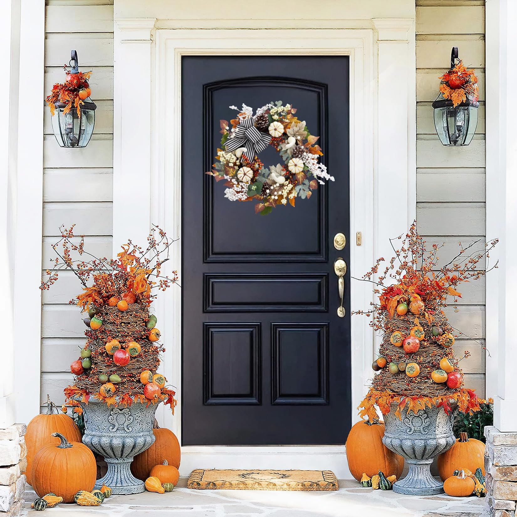 GarveeHome 20 in Fall Wreaths for Front Door, Fall Decorations for Home Pumpkin Wreath with Bow Leaves Pine Cones, Autumn Wreath