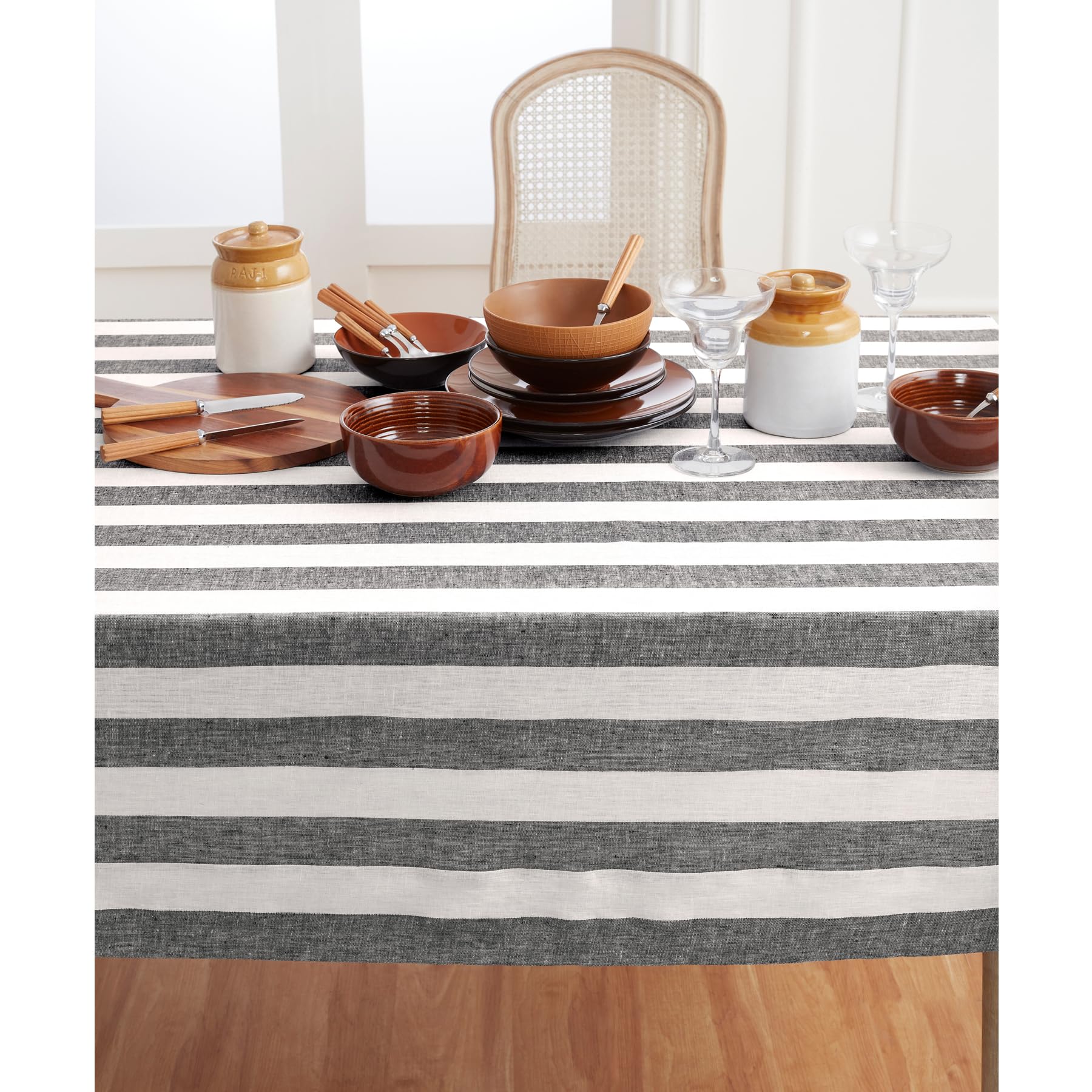 Solino Home Cabana Stripe Linen Tablecloth 108'' L X 60'' W Inch - 100% Pure Linen Black And White Tablecloth For Spring, Easter