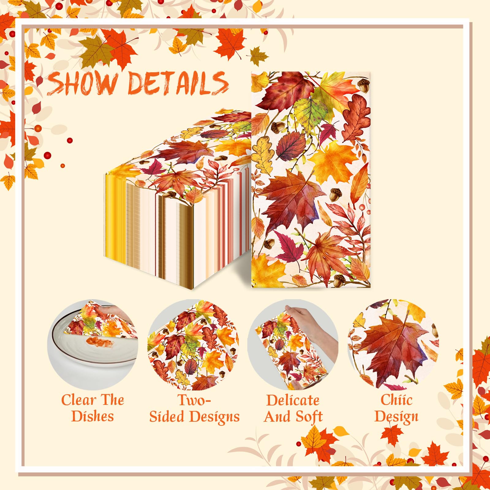 100 Count Fall Napkins, Maple Leaves Bathroom Disposable Hand Paper Towels, Thanksgiving Guest Napkins for Autumn Decor, Dinner