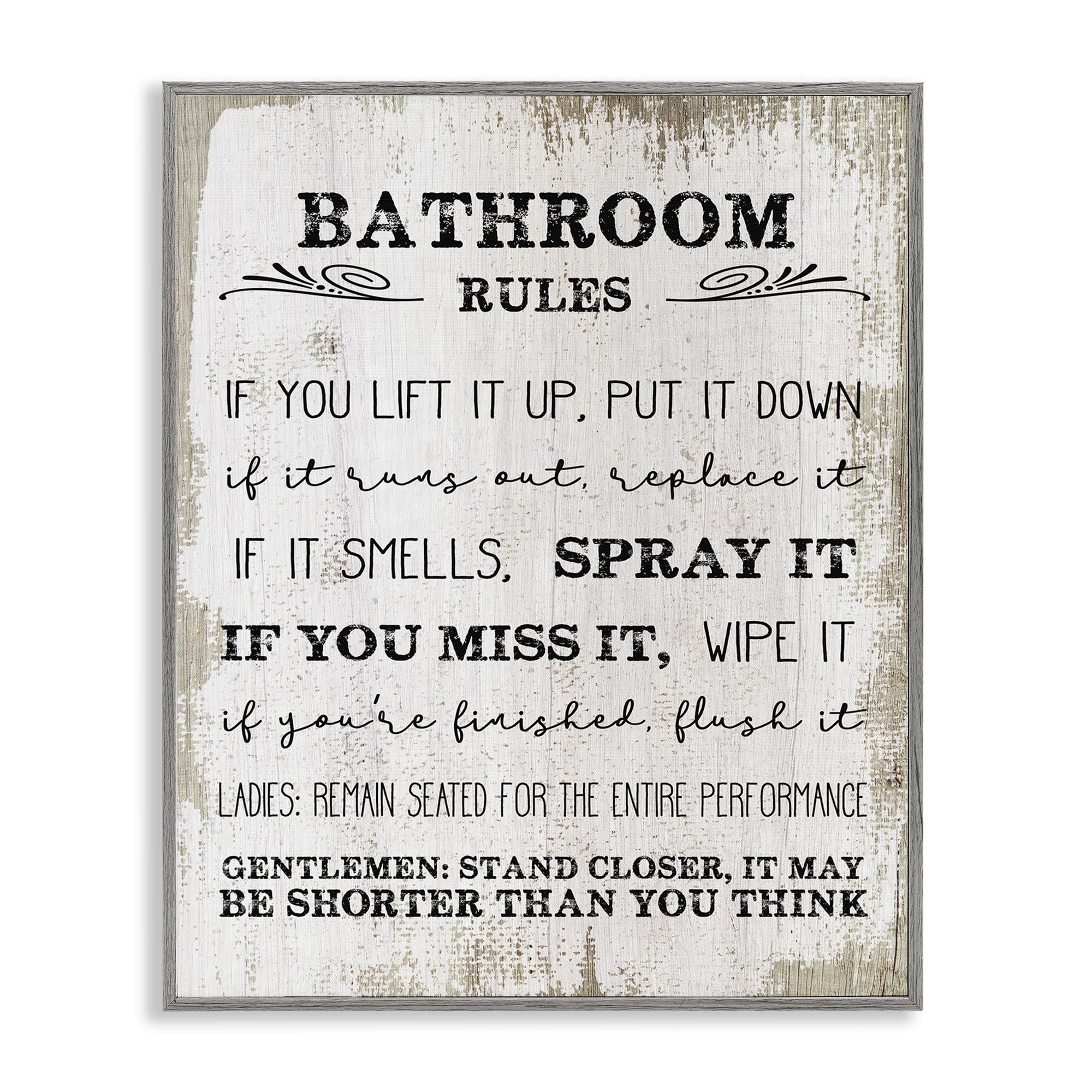 Stupell Industries Bathroom Rules Funny Word Wood Textured Design Gray Framed Wall Art, 11X14, Multicolor