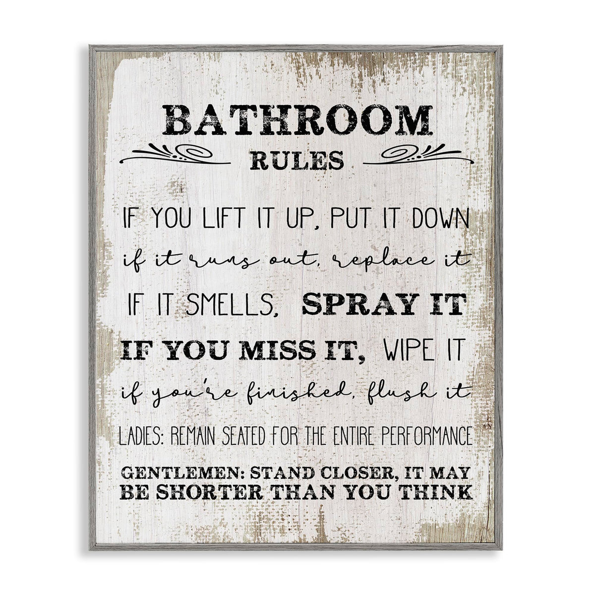 Stupell Industries Bathroom Rules Funny Word Wood Textured Design Gray Framed Wall Art, 11X14, Multicolor