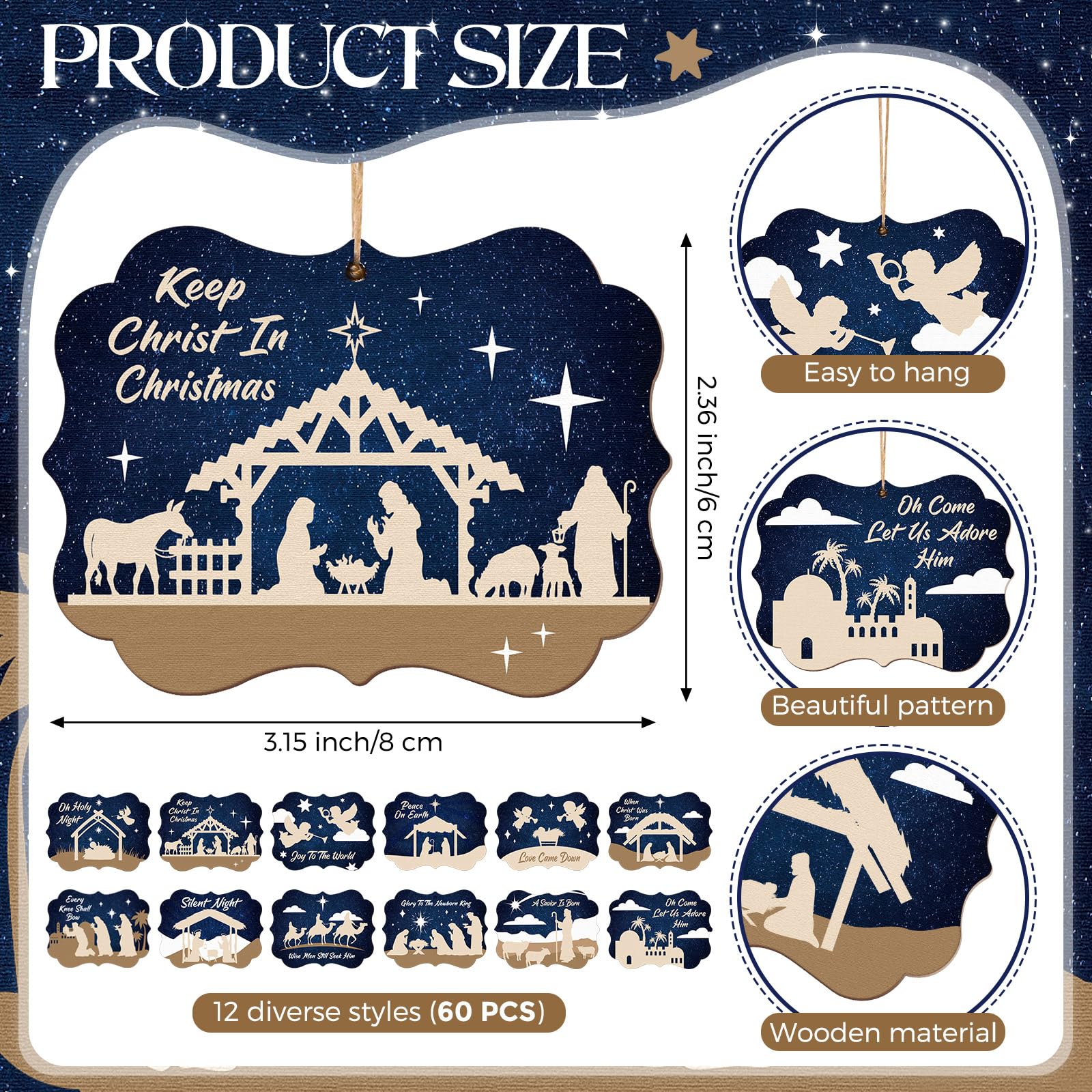 Soaoo 60 Pcs Nativity Scene Christmas Tree Ornament Christian Religious Ornaments Bulk Round Nativity Xmas Tree Hanging Wooden D