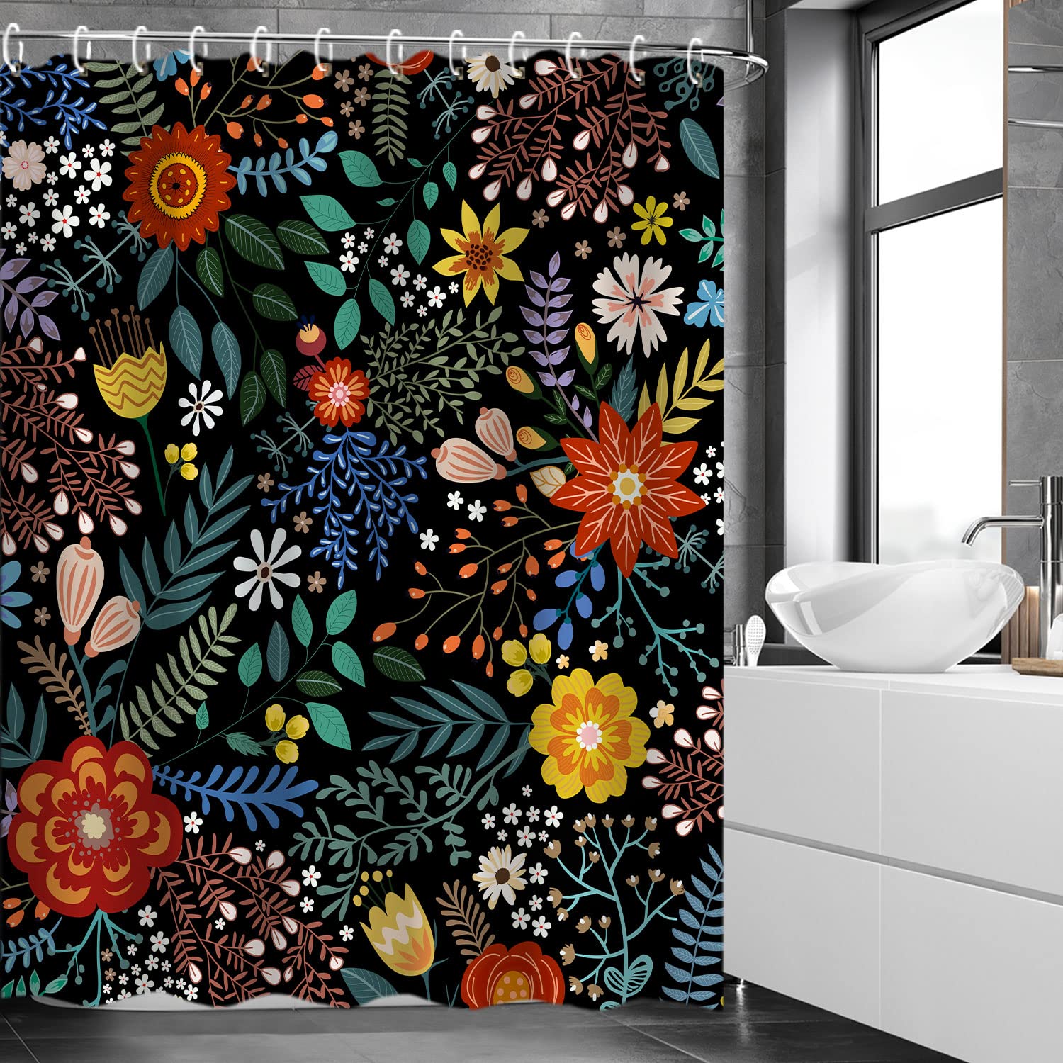 Livilan Black Floral Shower Curtain For Bathroom Flower Shower Curtain Dark Shower Curtain Colorful Unique Boho Shower Curtain S