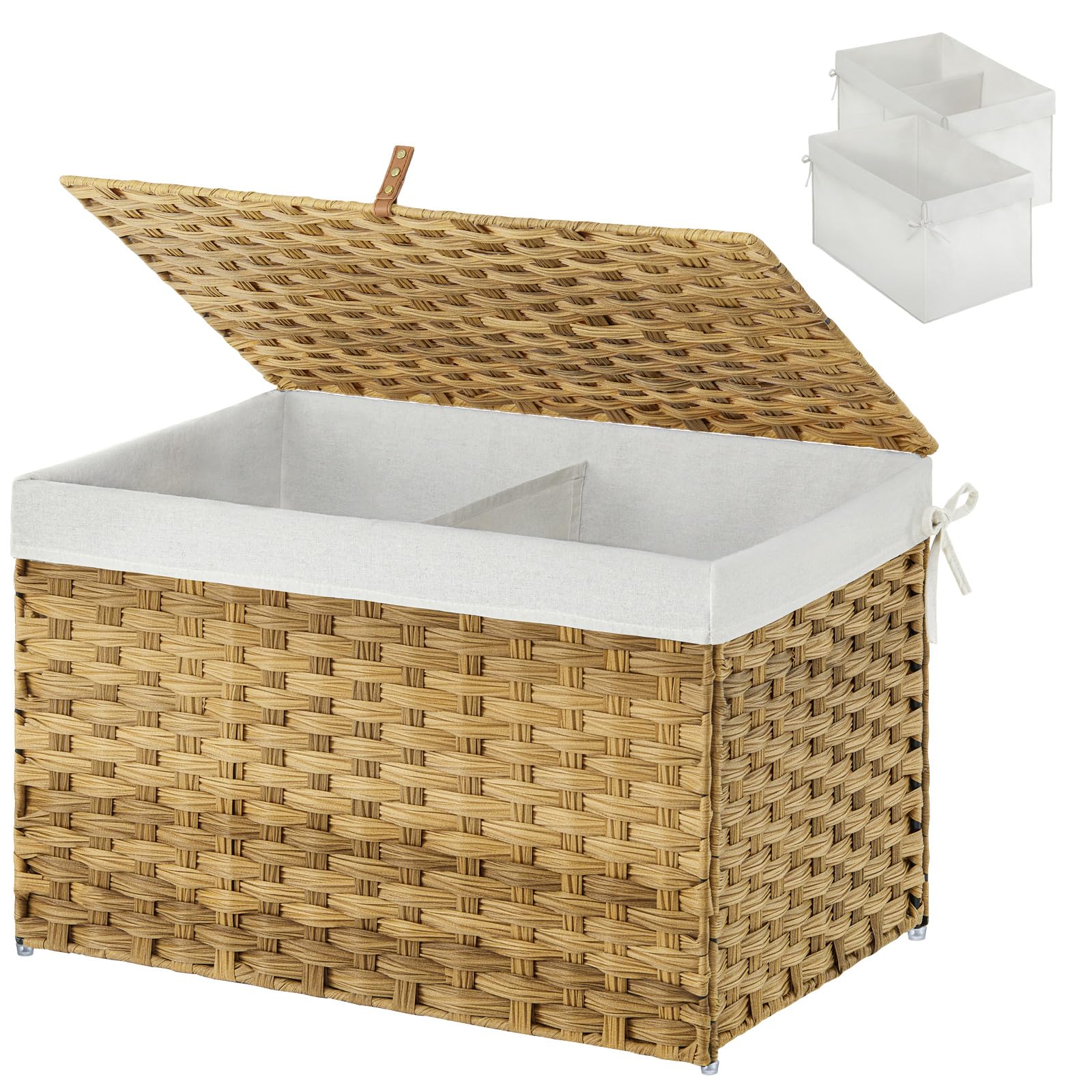 GREENSTELL Storage Basket with Lid, 17.2 Gallon(65L) Small Wicker Blanket Storage Basket with Handles, Foldable, 2 Removable Lin
