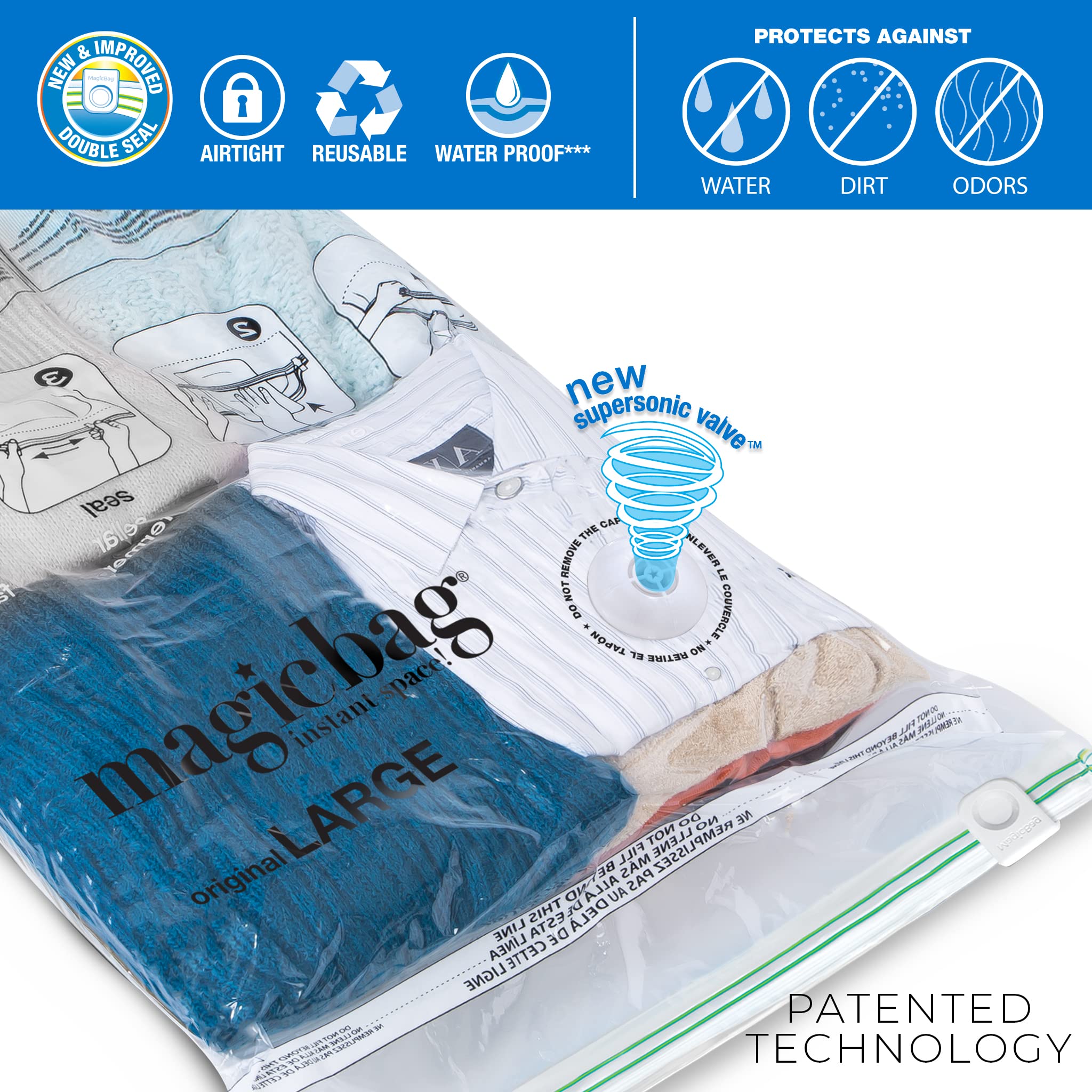 MagicBag 6-Pack Large Flat Vacuum Compression Bags Instant Space Saving Storage - Airtight Double Zipper - Clothing  Pillows  Bedding  Linens  Blankets  Coats - Home Organization and Storage