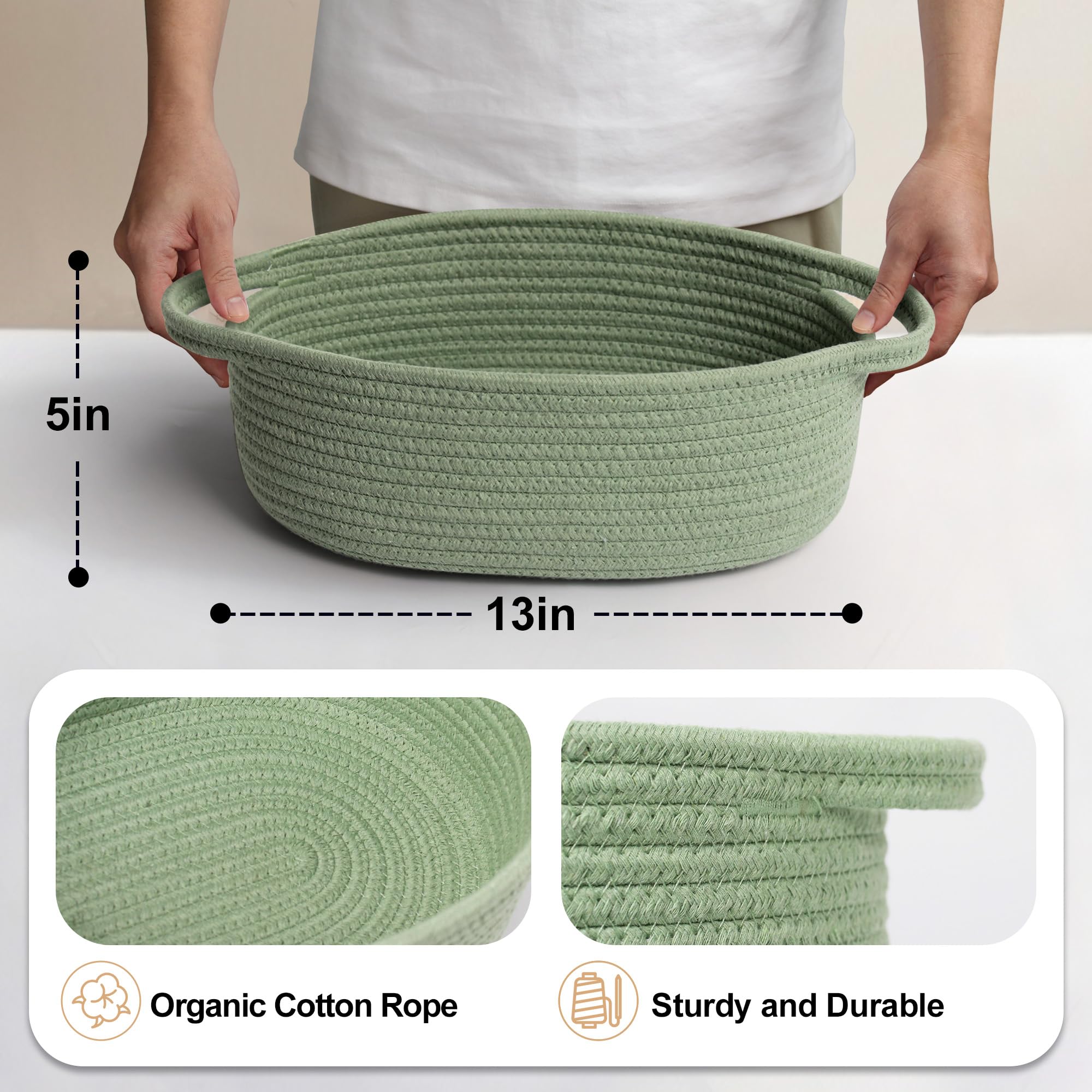 MEGASKET Green Woven Basket, 13 x 9 x 5 Baskets for Gifts Empty, Cute Cotton Rope Cat Dog Toy Bin Box, Small Woven Bin for Organ