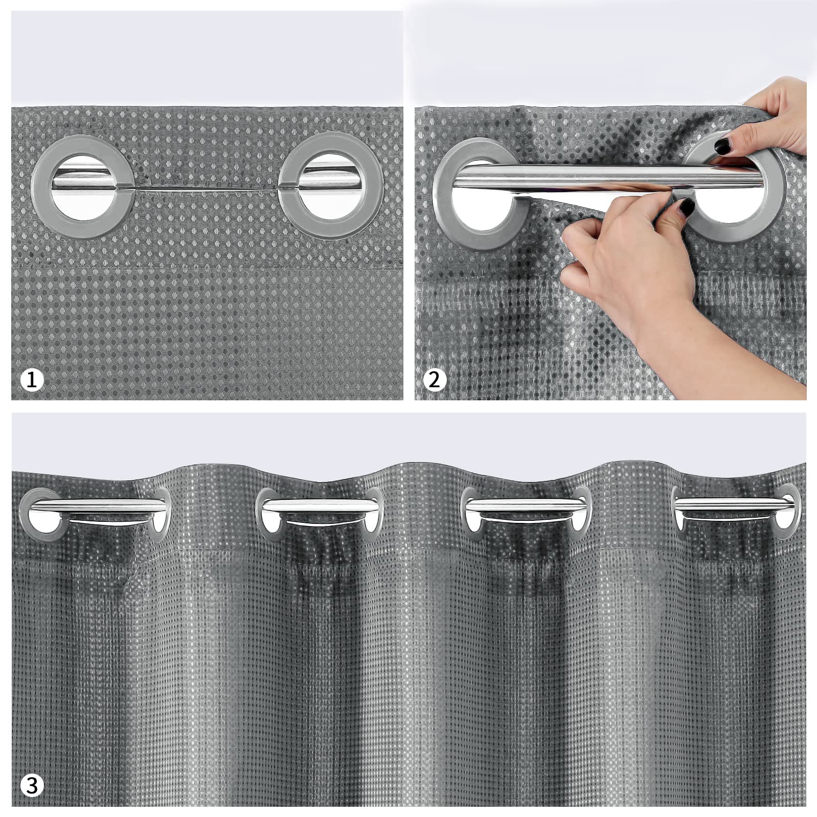 Mitovilla No Hooks Needed Grey Waffle Shower Curtain Set With Snap-In Liner, Modern Waffle Weave Heavy Duty Fabric Cloth Shower