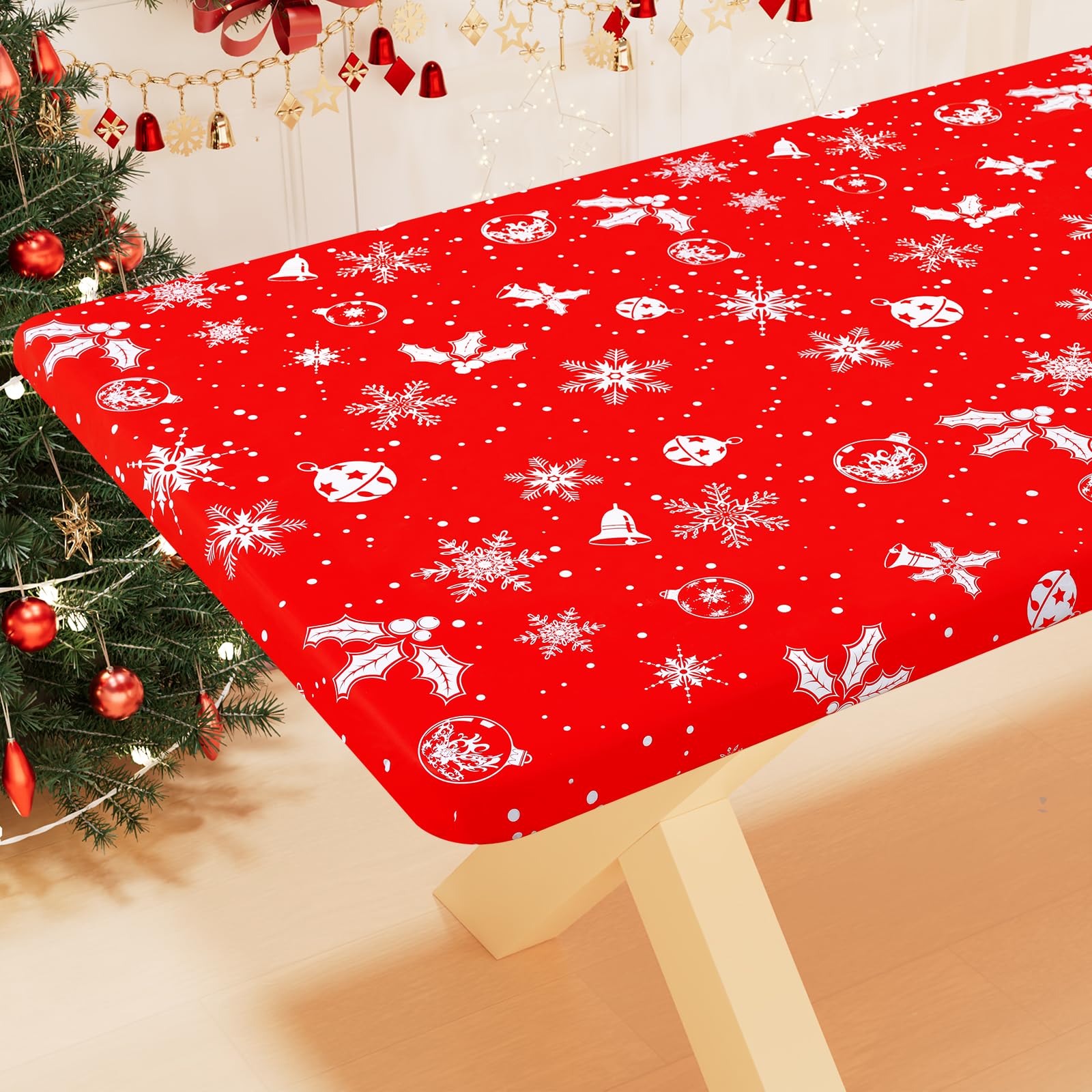 Smiry Plastic Christmas Tablecloth, Snowflake Wipeable Flannel Backed Vinyl Tablecloth, Waterproof Elastic Fitted Table Cover fo