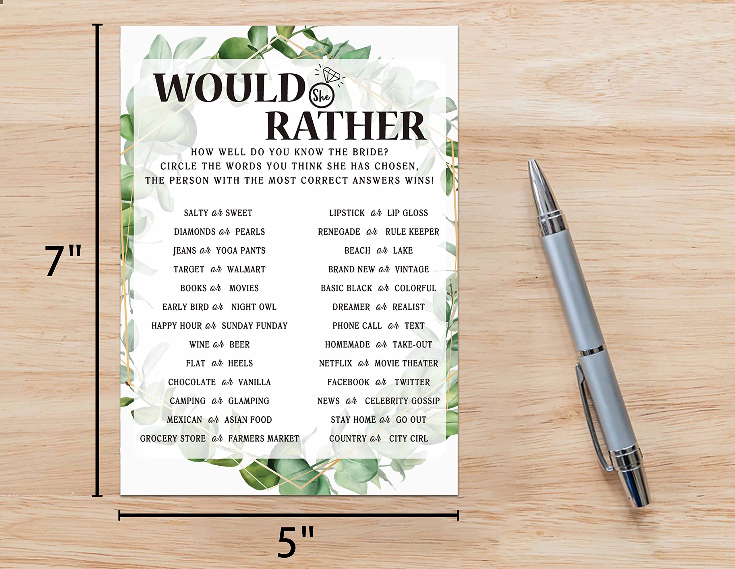 Bridal Shower Game Cards, Would She Rather Game, Tropical Jungle Theme Engagement Party Cards For Wedding, Set Of 30 Cards(Leaf0