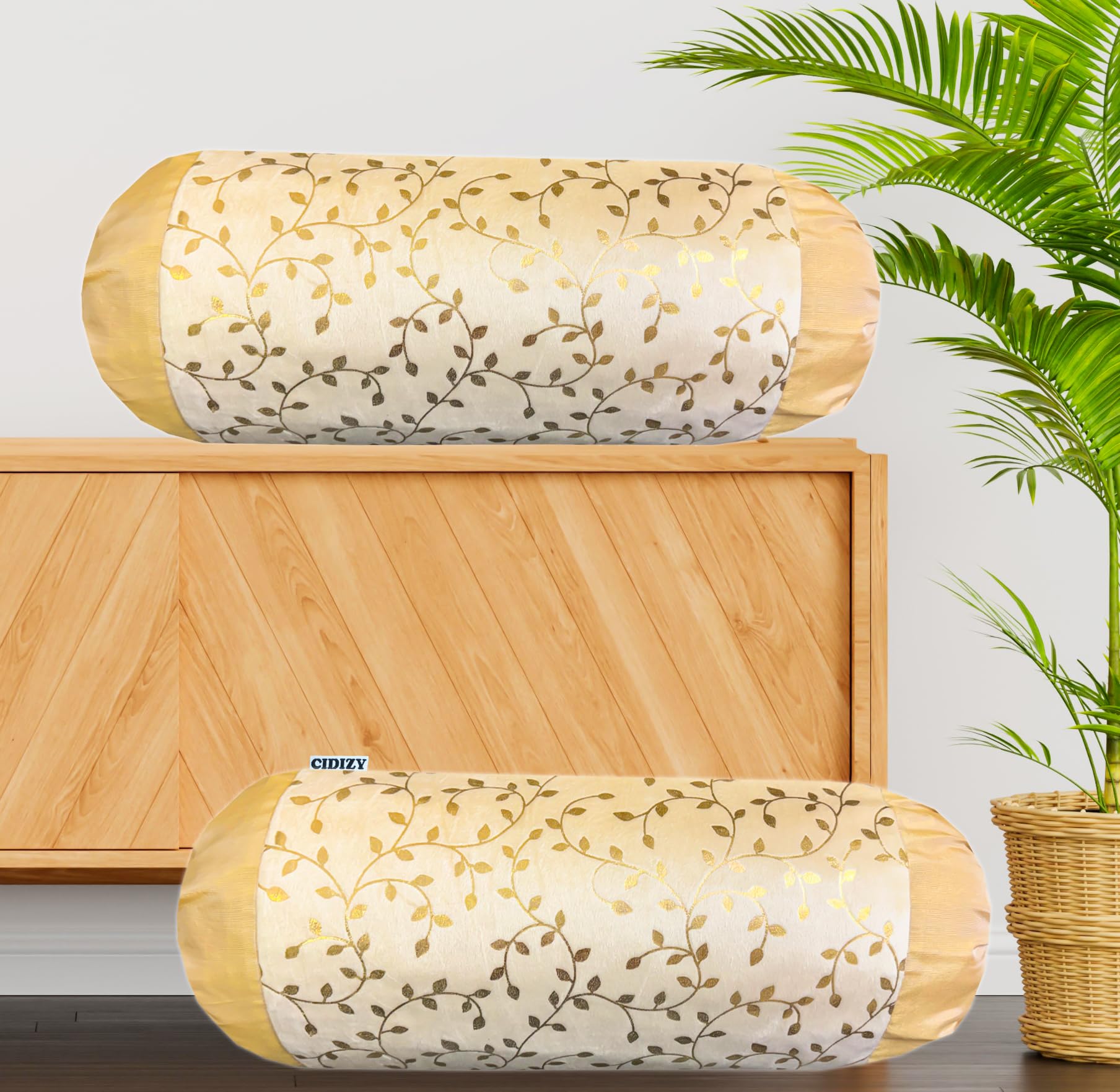 Cidizy Velvet Diwan Bolster Pillow Cover Set Of 2, 16X32 Inch, Beige Cream Golden